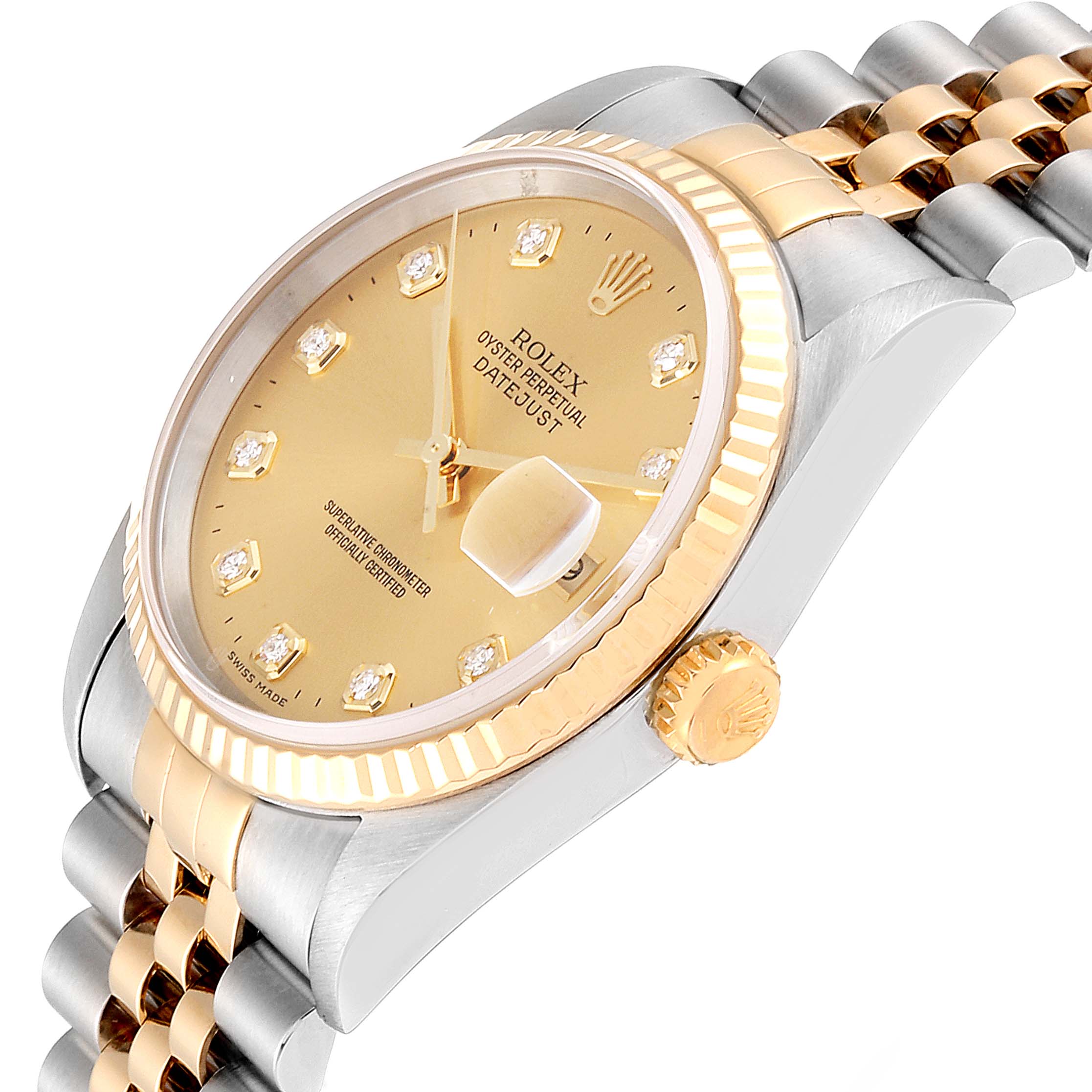 This image shows a side-angle view of a Rolex Datejust 16233 Men
s Steel and Gold (two tone) Champagne Dial 16233 Men
s Steel and Gold (two tone) Champagne Dial watch, featuring its crown, bezel, dial, and bracelet.