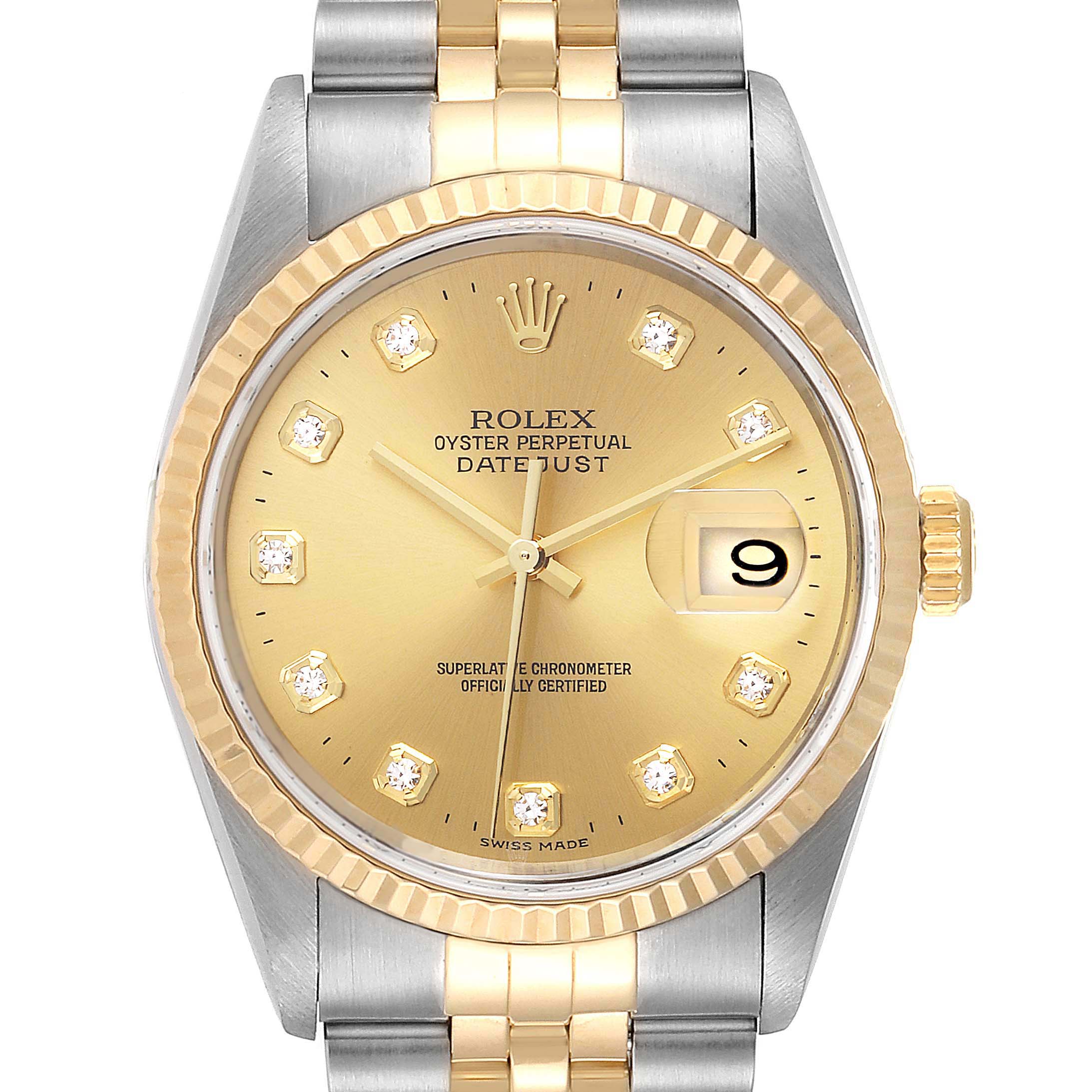 The Rolex Datejust 16233 Men
s Steel and Gold (two tone) Champagne Dial 16233 Men
s Steel and Gold (two tone) Champagne Dial watch is shown from a frontal angle, displaying the dial, bezel, crown, and bracelet.