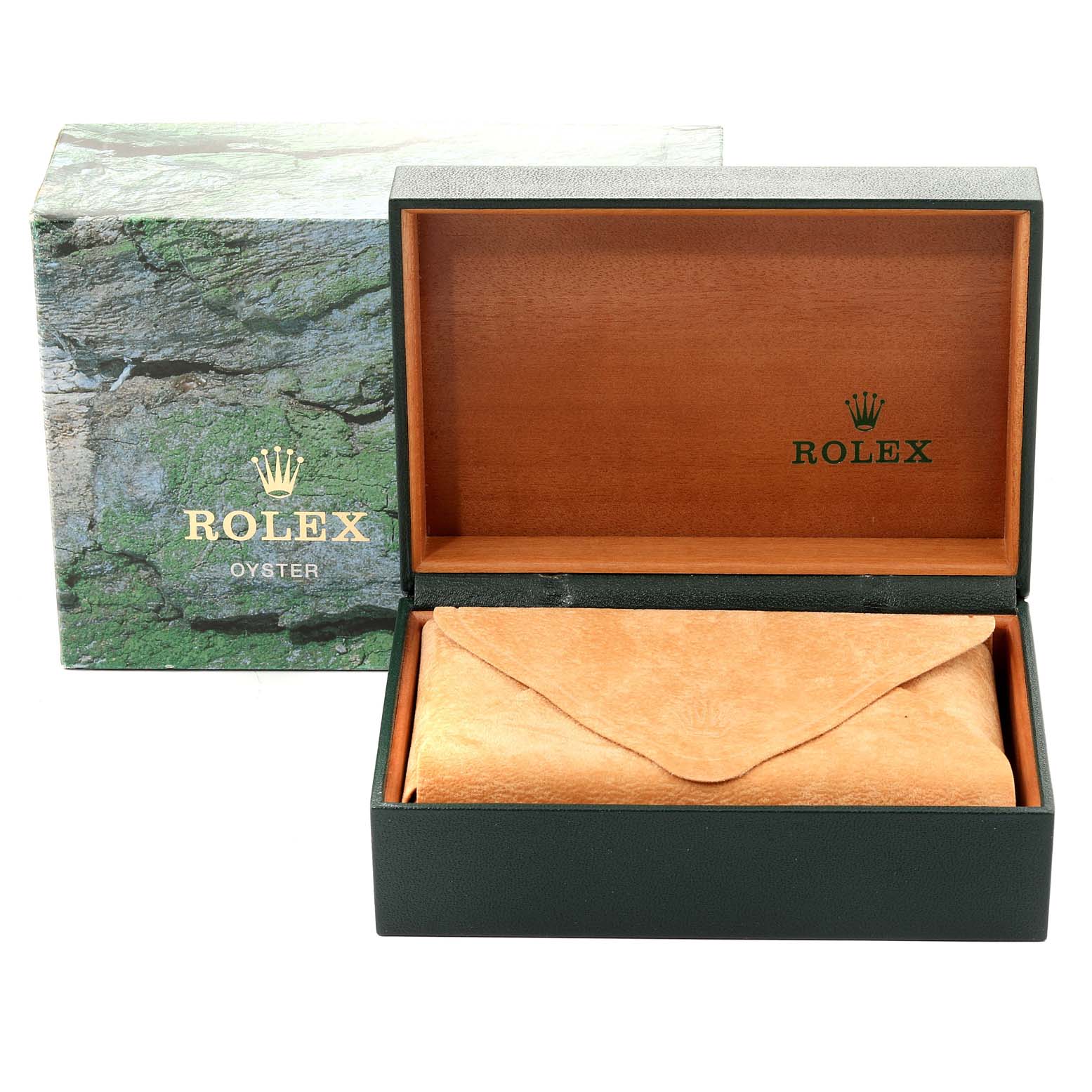 The image shows a Rolex Datejust 16233 Men
s Steel and Gold (two tone) Champagne Dial 16233 Men
s Steel and Gold (two tone) Champagne Dial model packaging box, featuring the outer box and the open inner box with a fabric pouch.