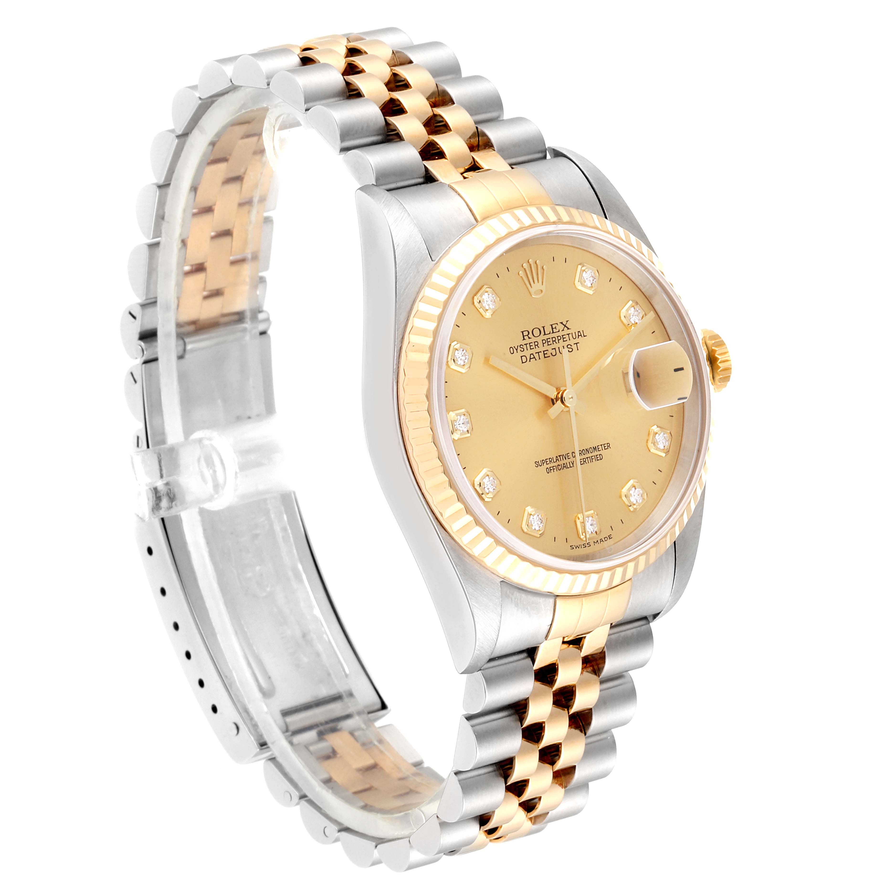 This image shows a side view of the Rolex Datejust 16233 Men
s Steel and Gold (two tone) Champagne Dial 16233 Men
s Steel and Gold (two tone) Champagne Dial, highlighting the dial, bezel, and two-tone bracelet.
