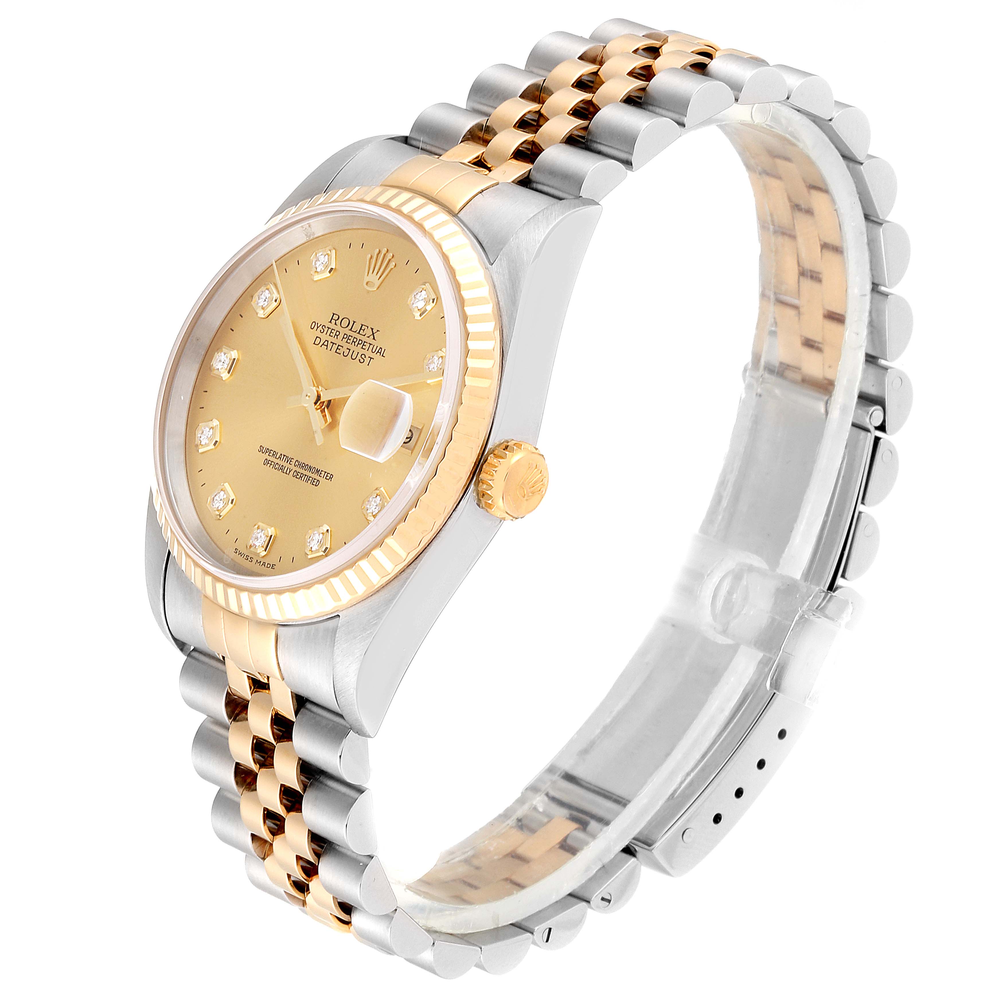 The image shows a Rolex Datejust 16233 Men
s Steel and Gold (two tone) Champagne Dial 16233 Men
s Steel and Gold (two tone) Champagne Dial watch at a three-quarter angle, highlighting its two-tone bracelet, dial, bezel, and crown.