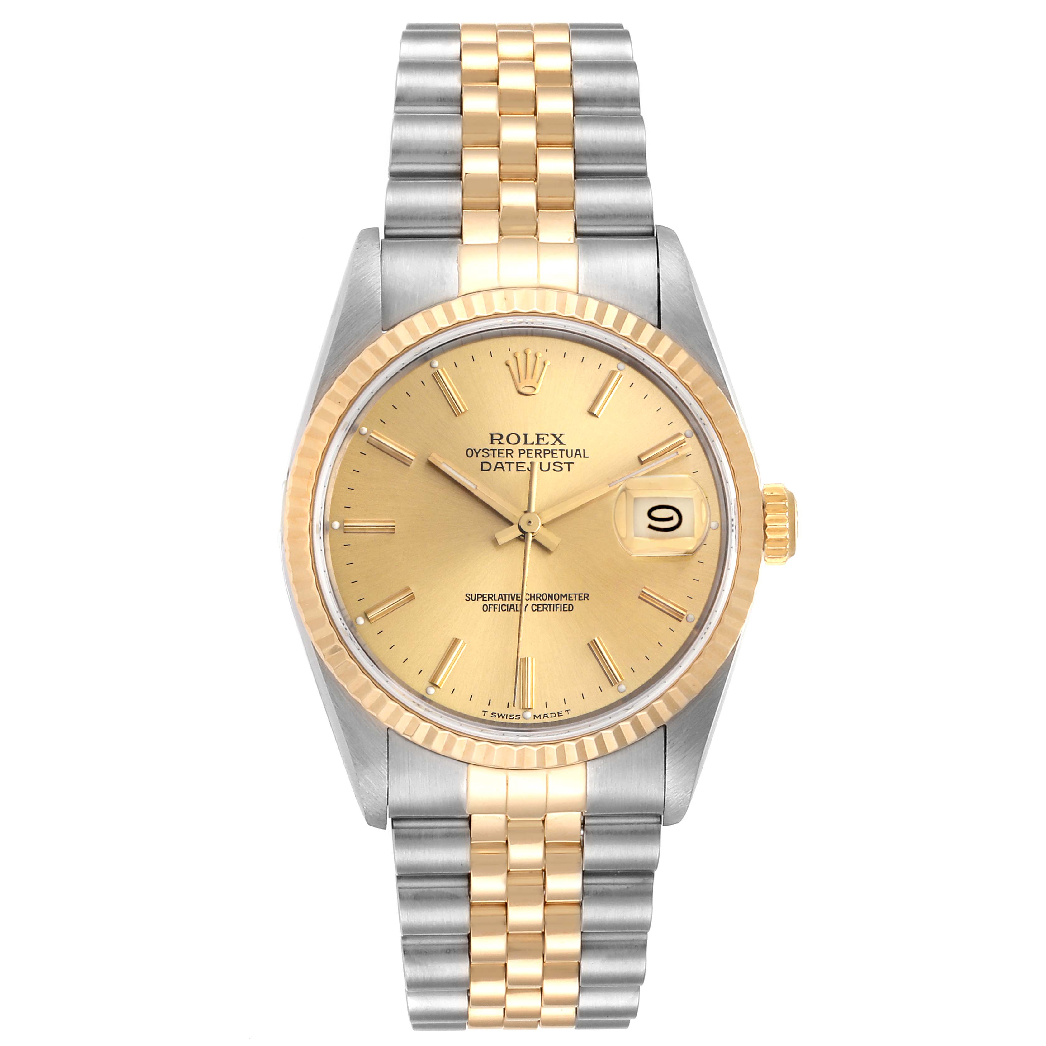 Front view of the Rolex Datejust 16233 Men's Stainless Steel Champagne Dial 16233 Men's Stainless Steel Champagne Dial watch, showing the dial, bezel, crown, and two-tone bracelet.