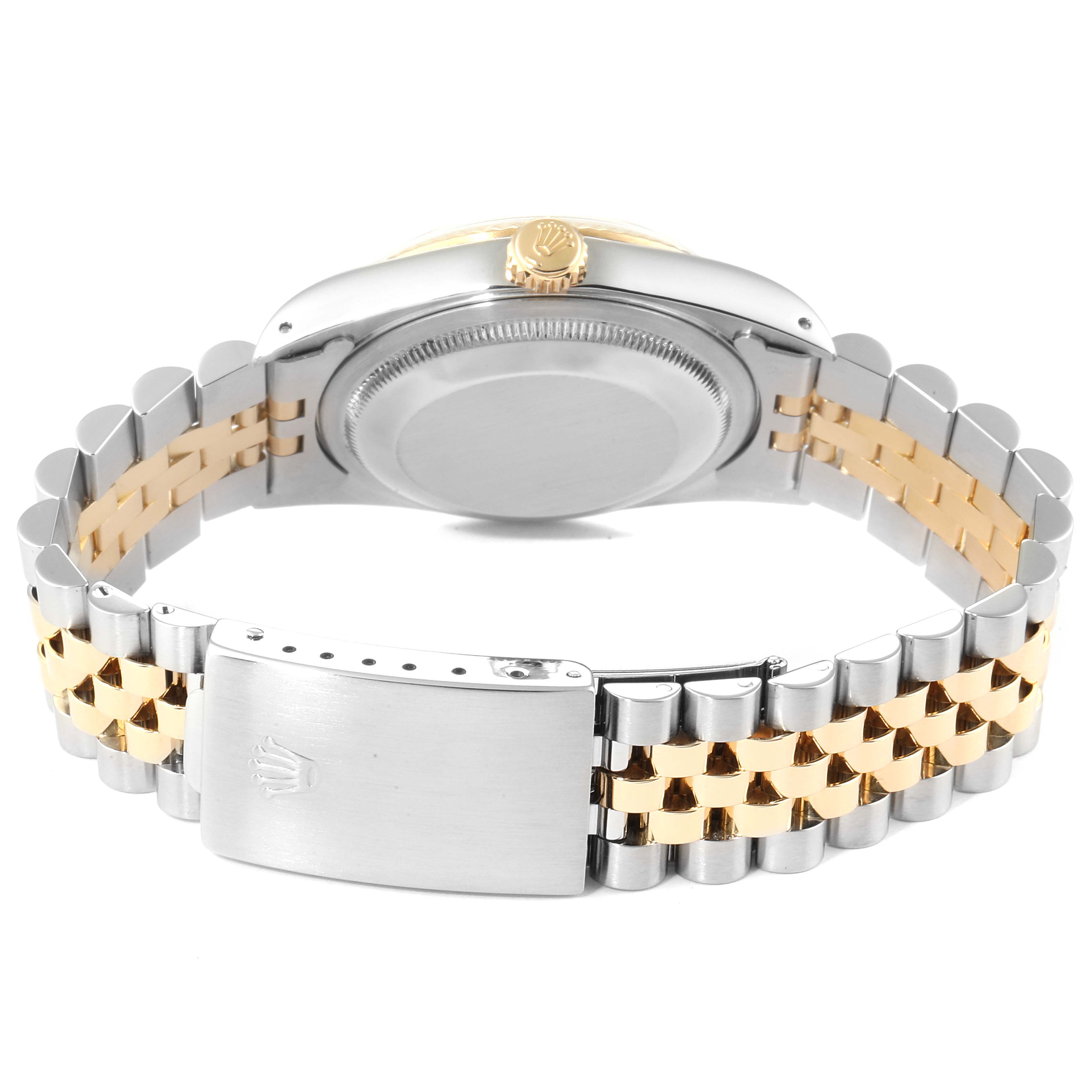 This image shows the back and sides of a Rolex Datejust 16233 Men's Stainless Steel Champagne Dial 16233 Men's Stainless Steel Champagne Dial watch, focusing on the two-tone bracelet and the clasp.