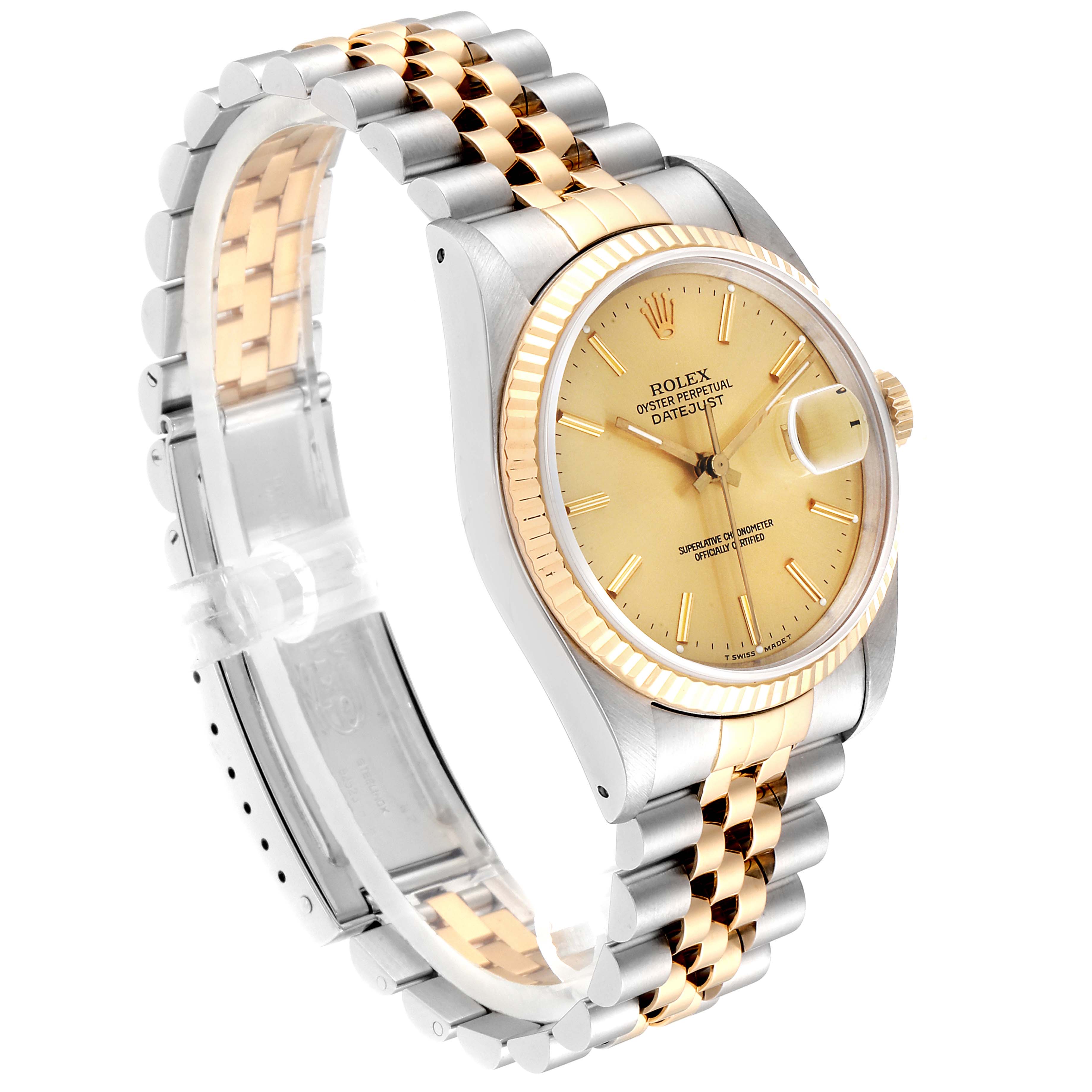 The image shows a Rolex Datejust 16233 Men's Stainless Steel Champagne Dial 16233 Men's Stainless Steel Champagne Dial watch at a three-quarter angle, displaying the face, bezel, case, and part of the bracelet.