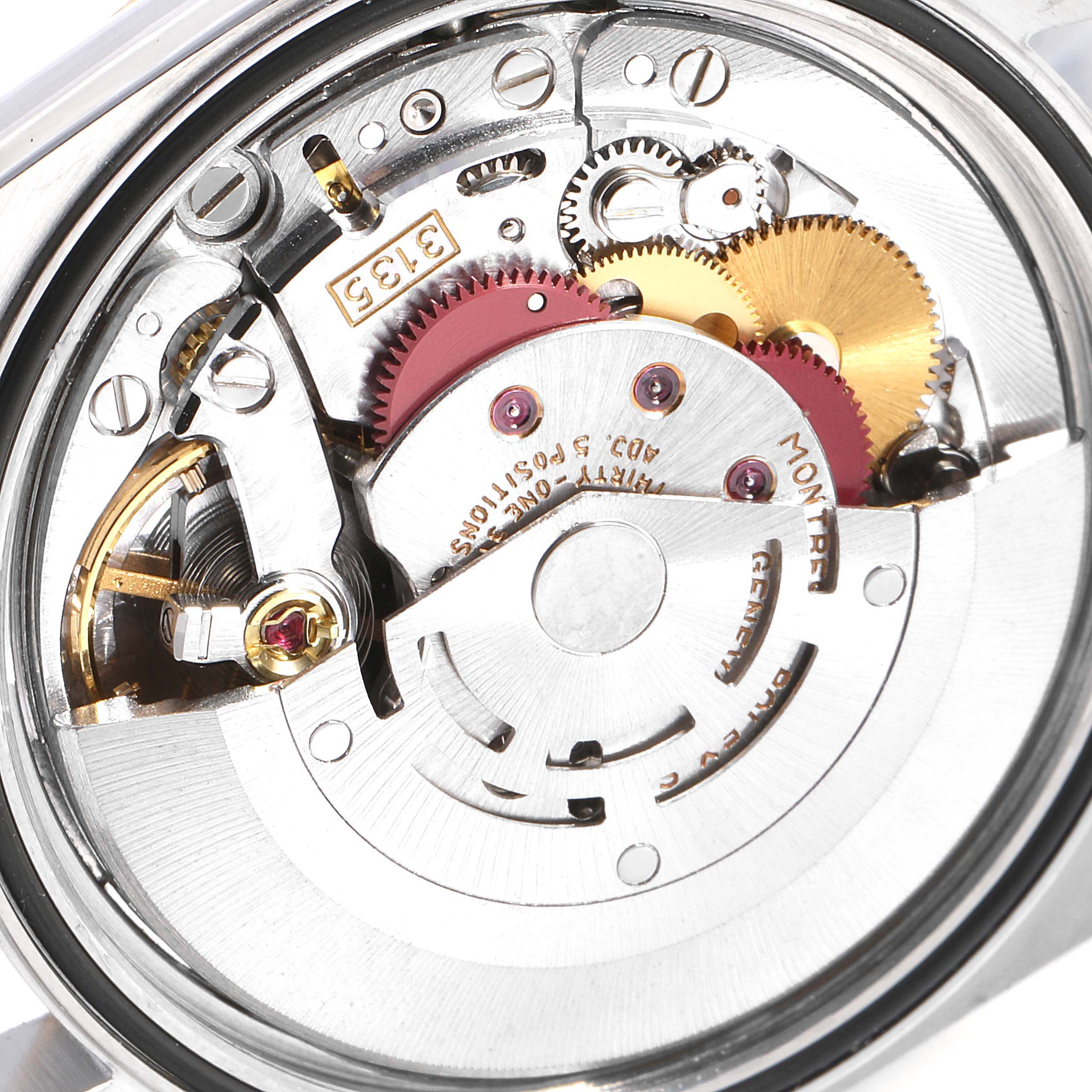 The image shows the inner mechanical movement of a Rolex Datejust 16233 Men's Stainless Steel Champagne Dial 16233 Men's Stainless Steel Champagne Dial watch from a close-up angle.