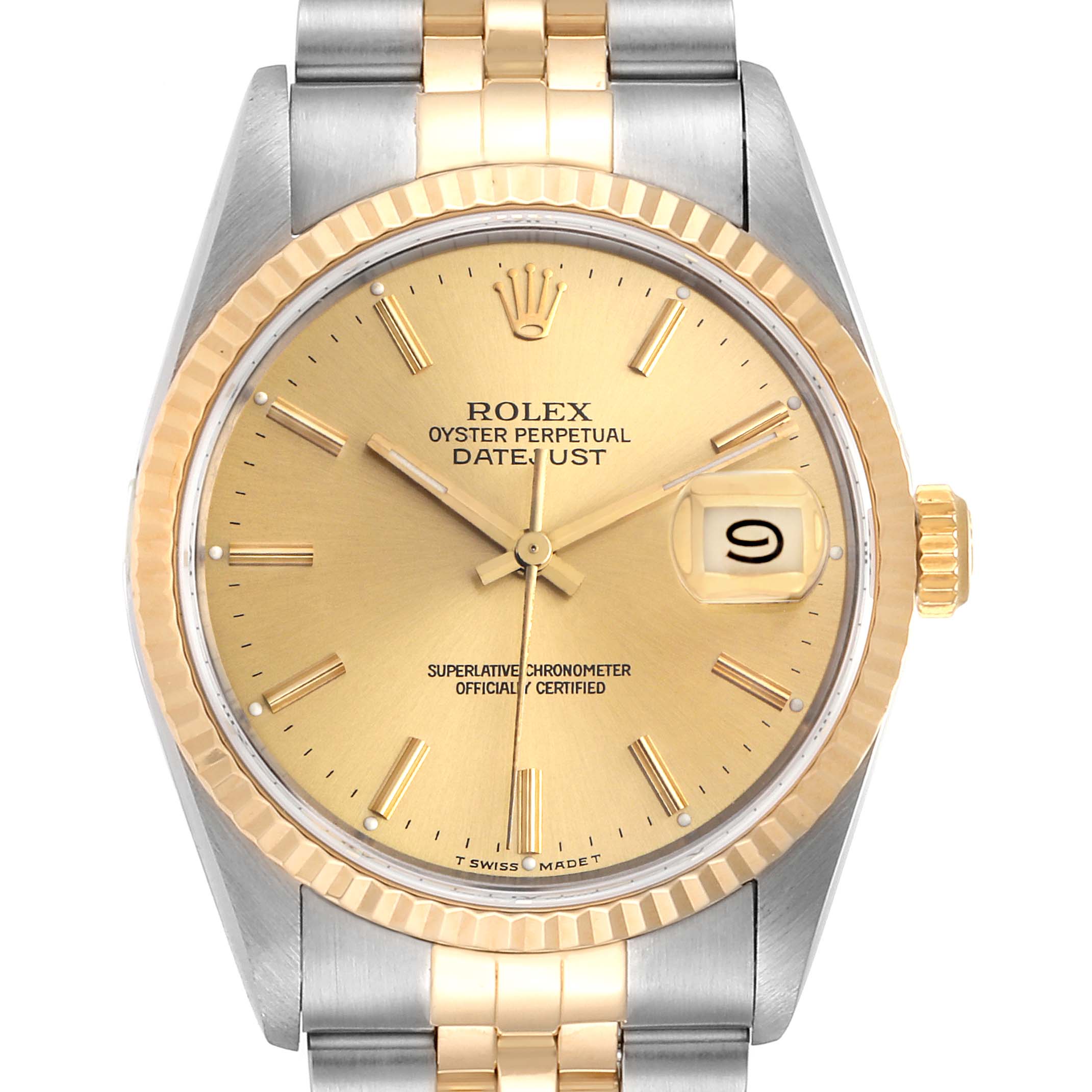 This Rolex Datejust 16233 Men's Stainless Steel Champagne Dial 16233 Men's Stainless Steel Champagne Dial watch is shown from a front view, displaying the dial, hands, bezel, and part of the bracelet.