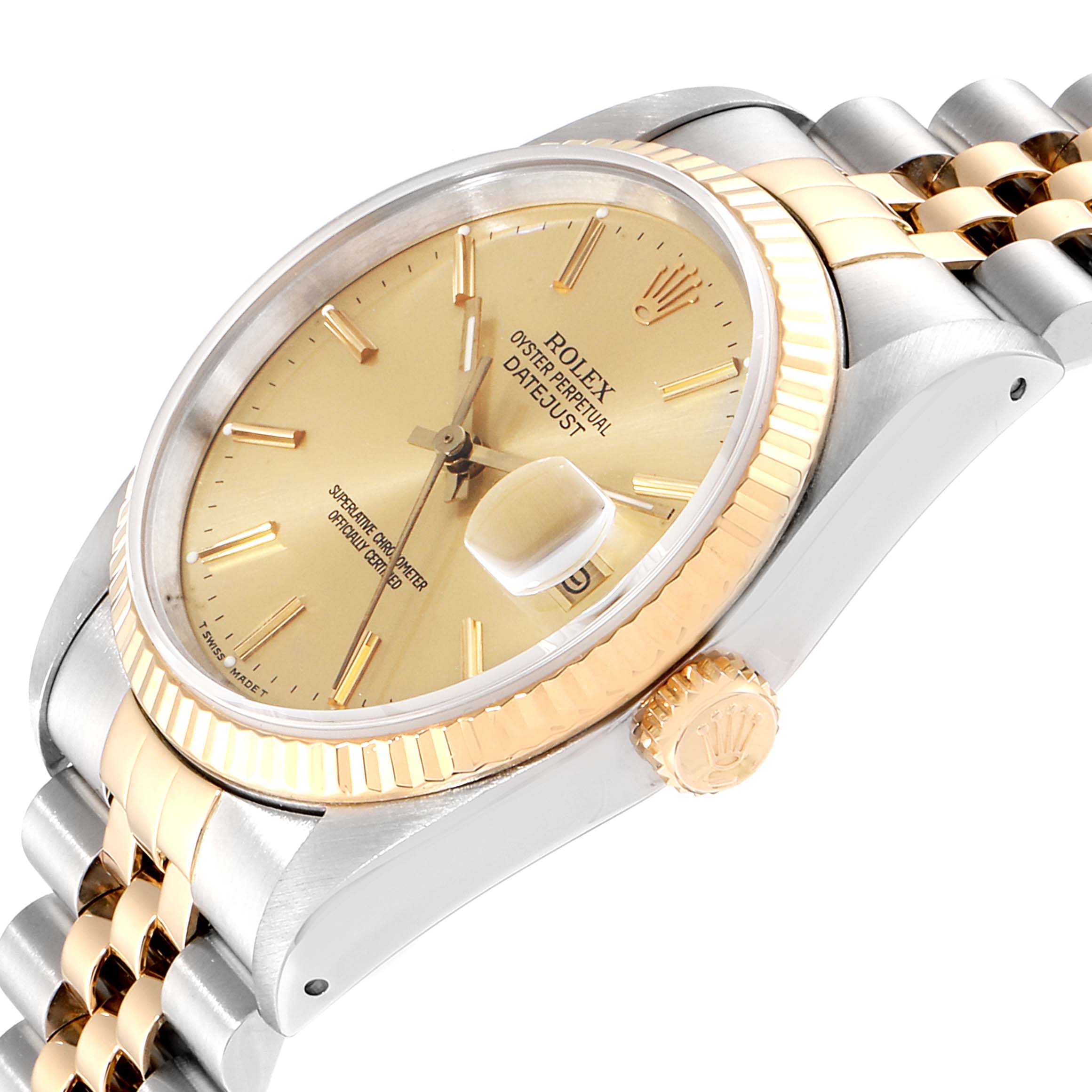 The Rolex Datejust 16233 Men's Stainless Steel Champagne Dial 16233 Men's Stainless Steel Champagne Dial watch is shown at an angled close-up, displaying the dial, fluted bezel, crown, and part of the Jubilee bracelet.