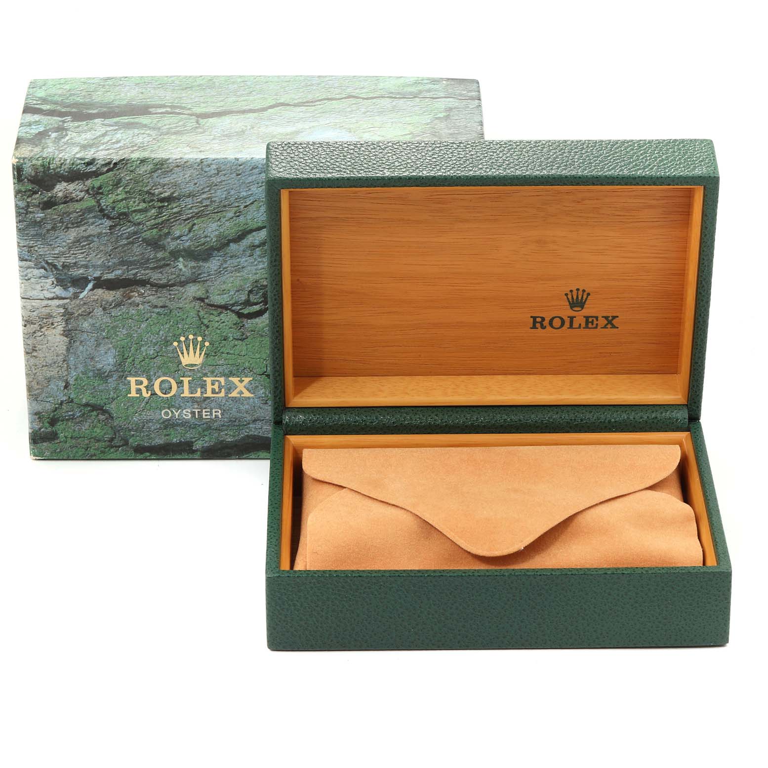The image shows an open green and wood Rolex box for the Datejust model, with a suede pouch inside and the outer box behind.