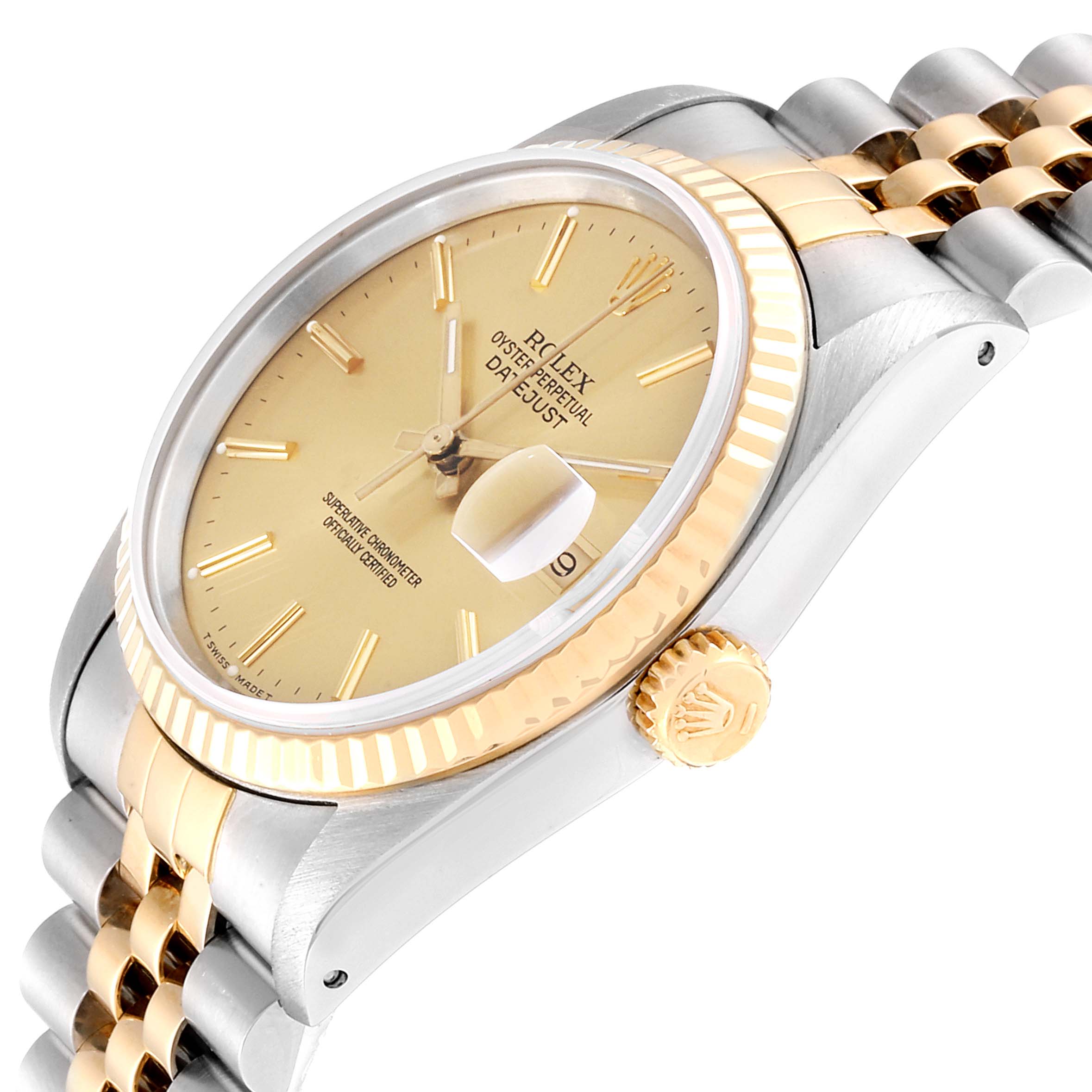 The image shows a side and angled view of the Rolex Datejust 16233 Men
s Steel and Gold (two tone) Champagne Dial 16233 Men
s Steel and Gold (two tone) Champagne Dial, highlighting the dial, crown, and two-tone bracelet.