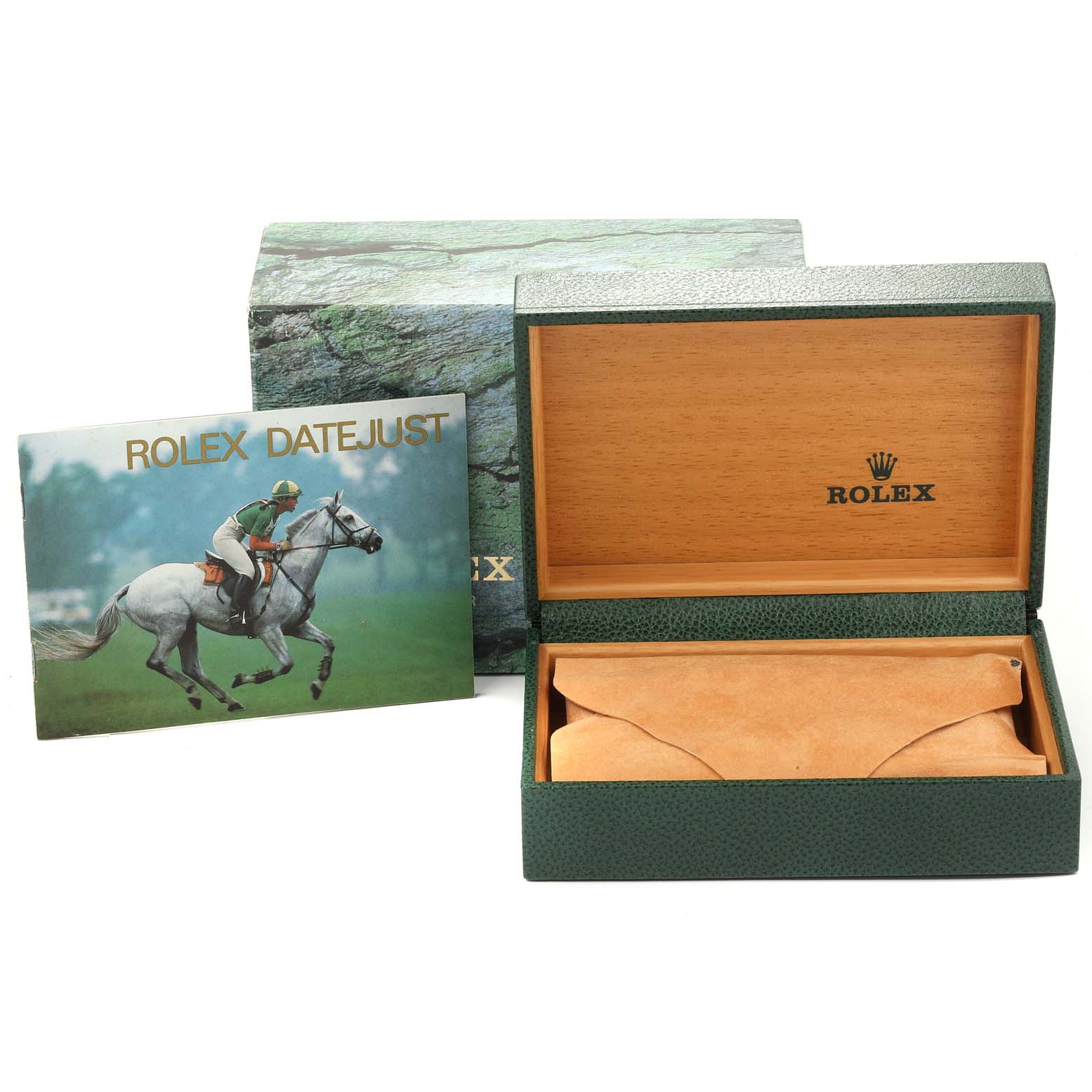 The image shows the open box, protective pouch, and booklet for the Rolex Datejust 16233 Men
s Steel and Gold (two tone) Champagne Dial 16233 Men
s Steel and Gold (two tone) Champagne Dial model.