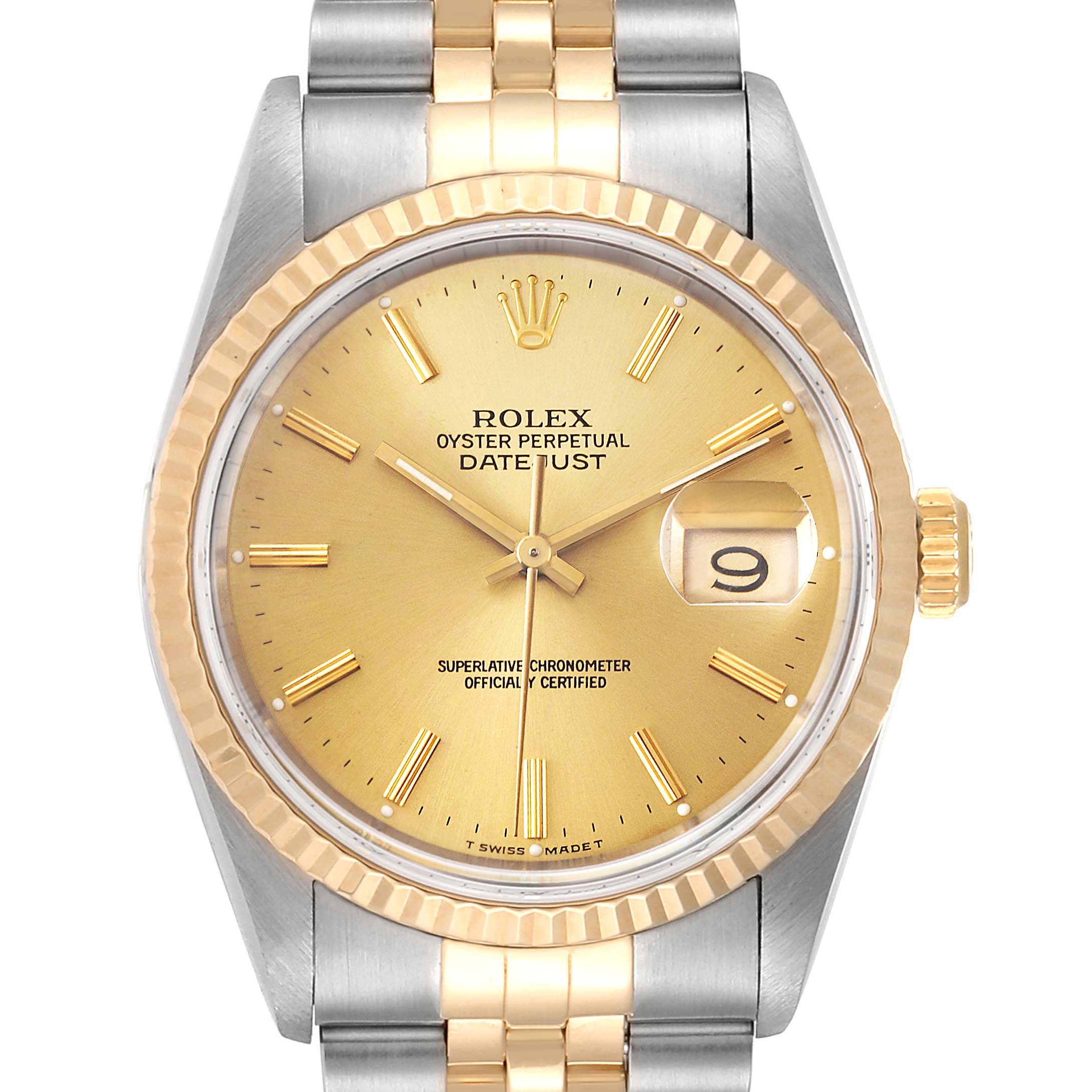 This image shows the front view of a Rolex Datejust 16233 Men
s Steel and Gold (two tone) Champagne Dial 16233 Men
s Steel and Gold (two tone) Champagne Dial watch, highlighting its gold dial, bezel, and two-tone bracelet.