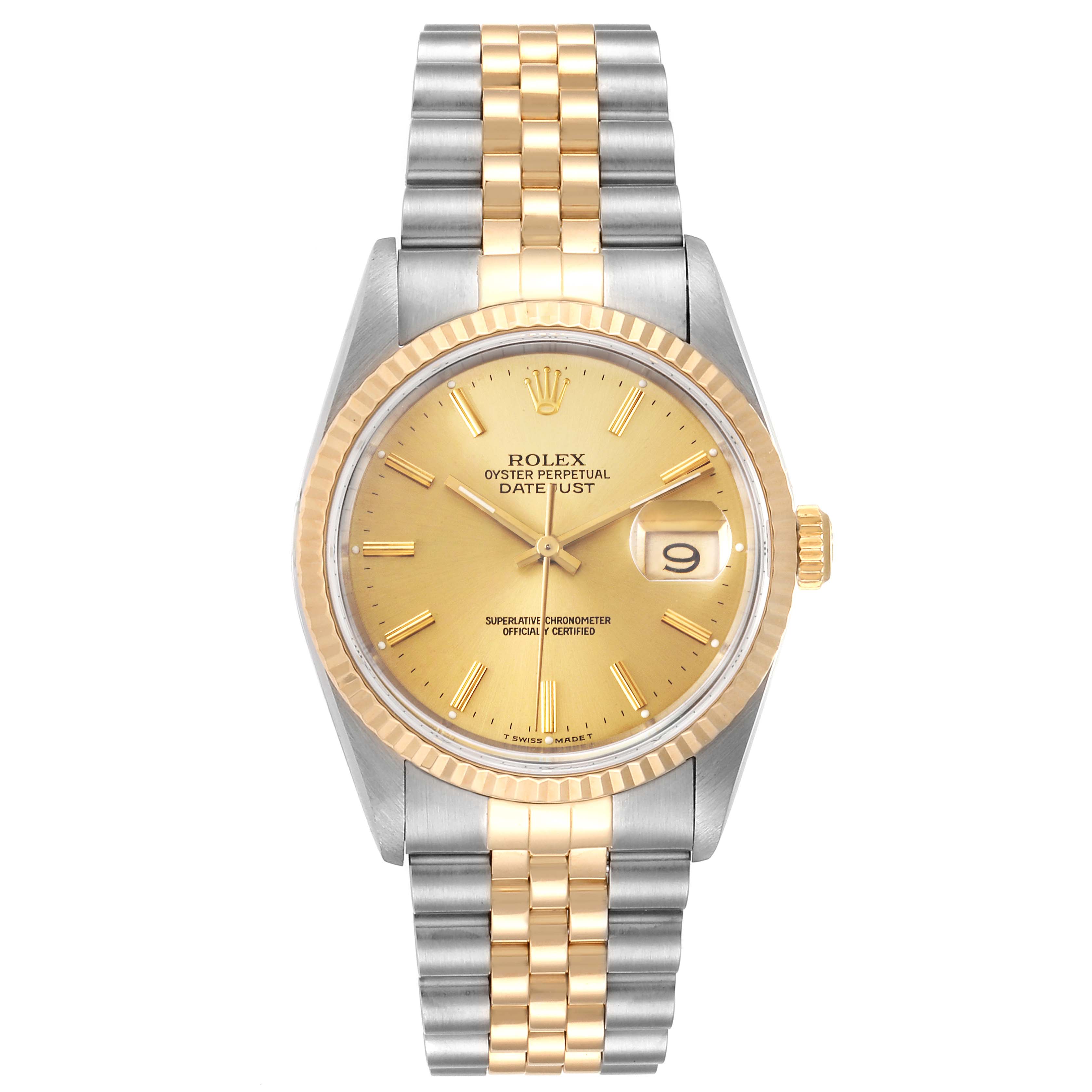 The image shows a Rolex Datejust 16233 Men
s Steel and Gold (two tone) Champagne Dial 16233 Men
s Steel and Gold (two tone) Champagne Dial watch from the front, displaying its face, bezel, and bracelet.