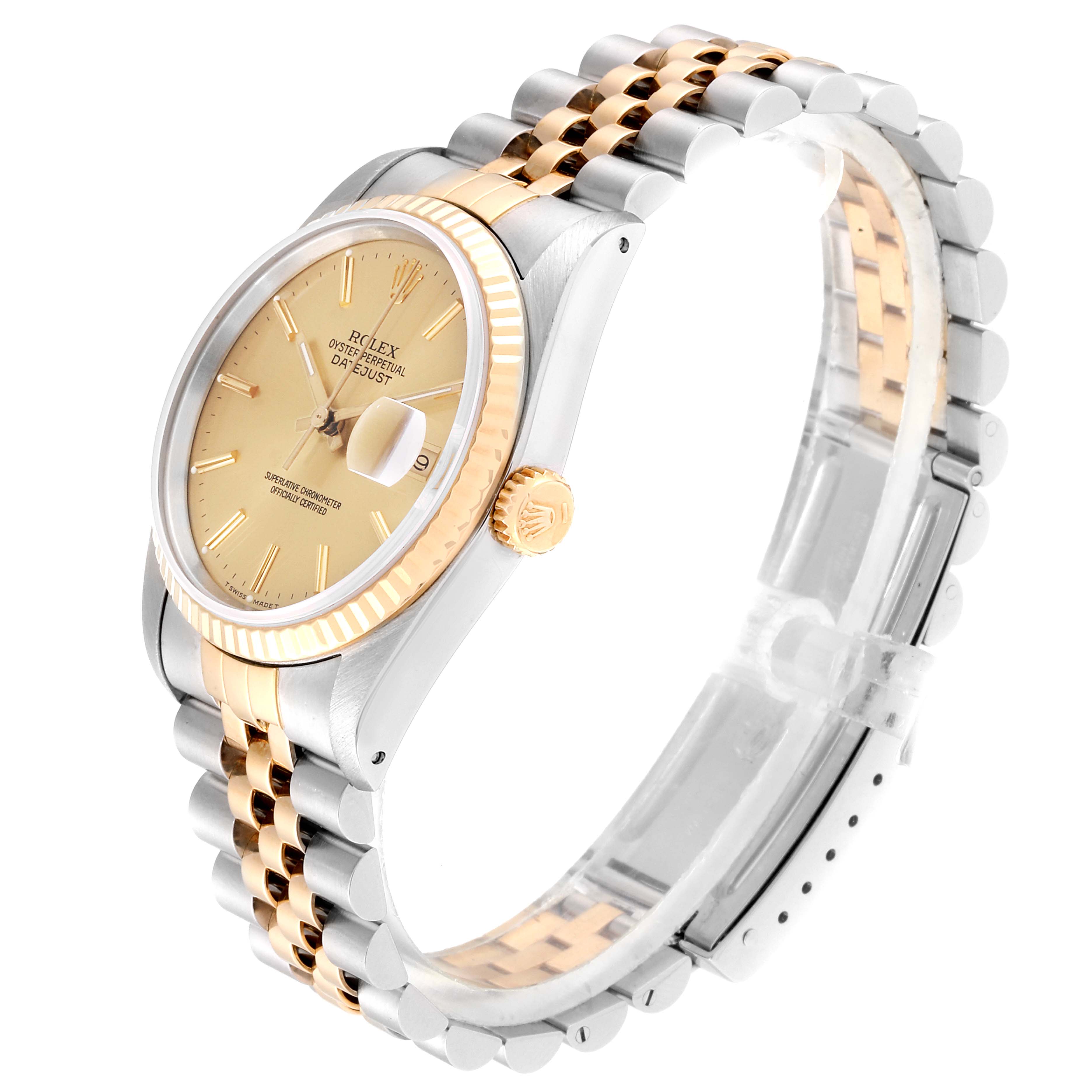 The Rolex Datejust 16233 Men
s Steel and Gold (two tone) Champagne Dial 16233 Men
s Steel and Gold (two tone) Champagne Dial watch is shown at an angle showcasing its face, crown, and part of the bracelet.