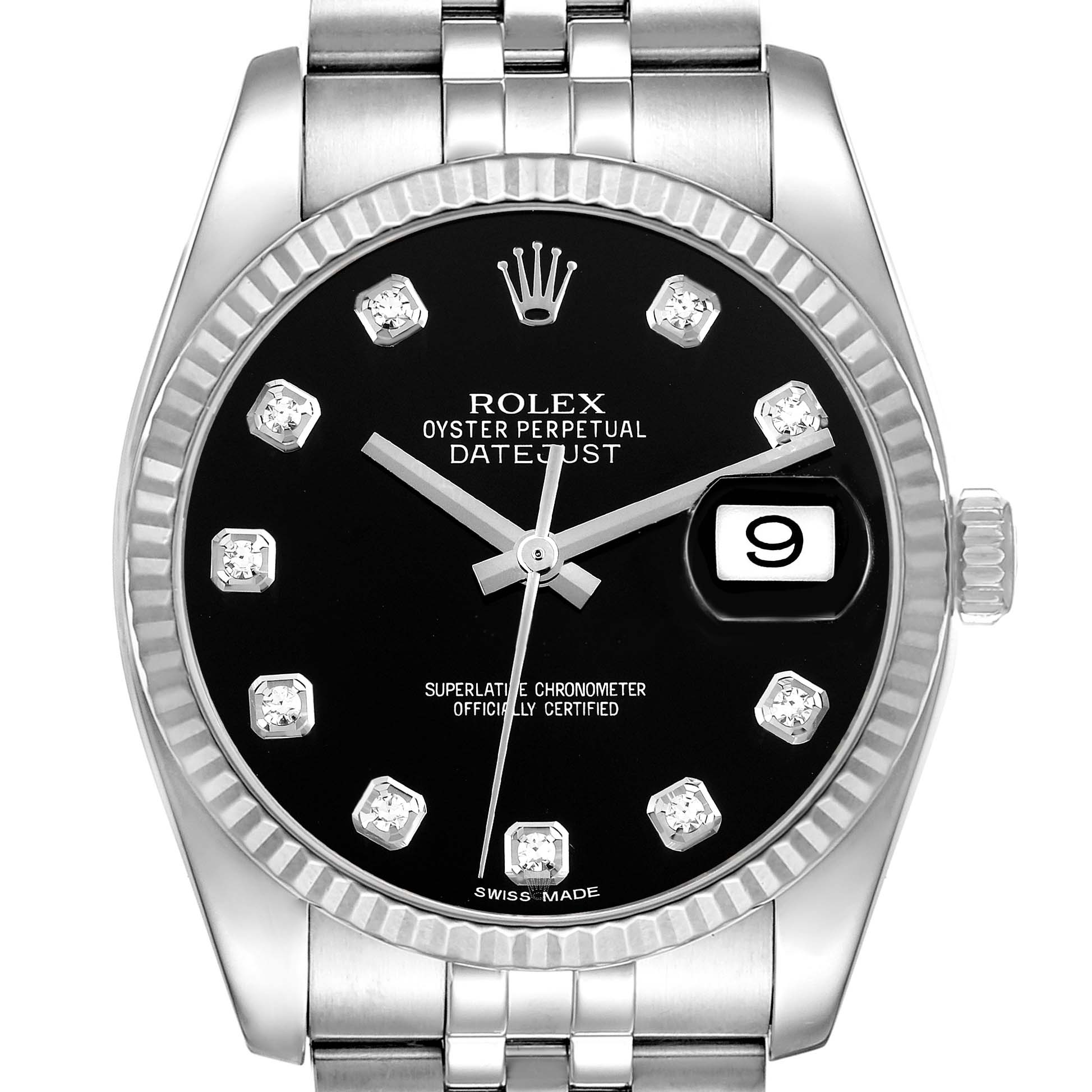 The Rolex Datejust 116234 Men
s Stainless Steel Black Dial 116234 Men
s Stainless Steel Black Dial watch is shown from the front, highlighting its dial, bezel, and part of the bracelet.