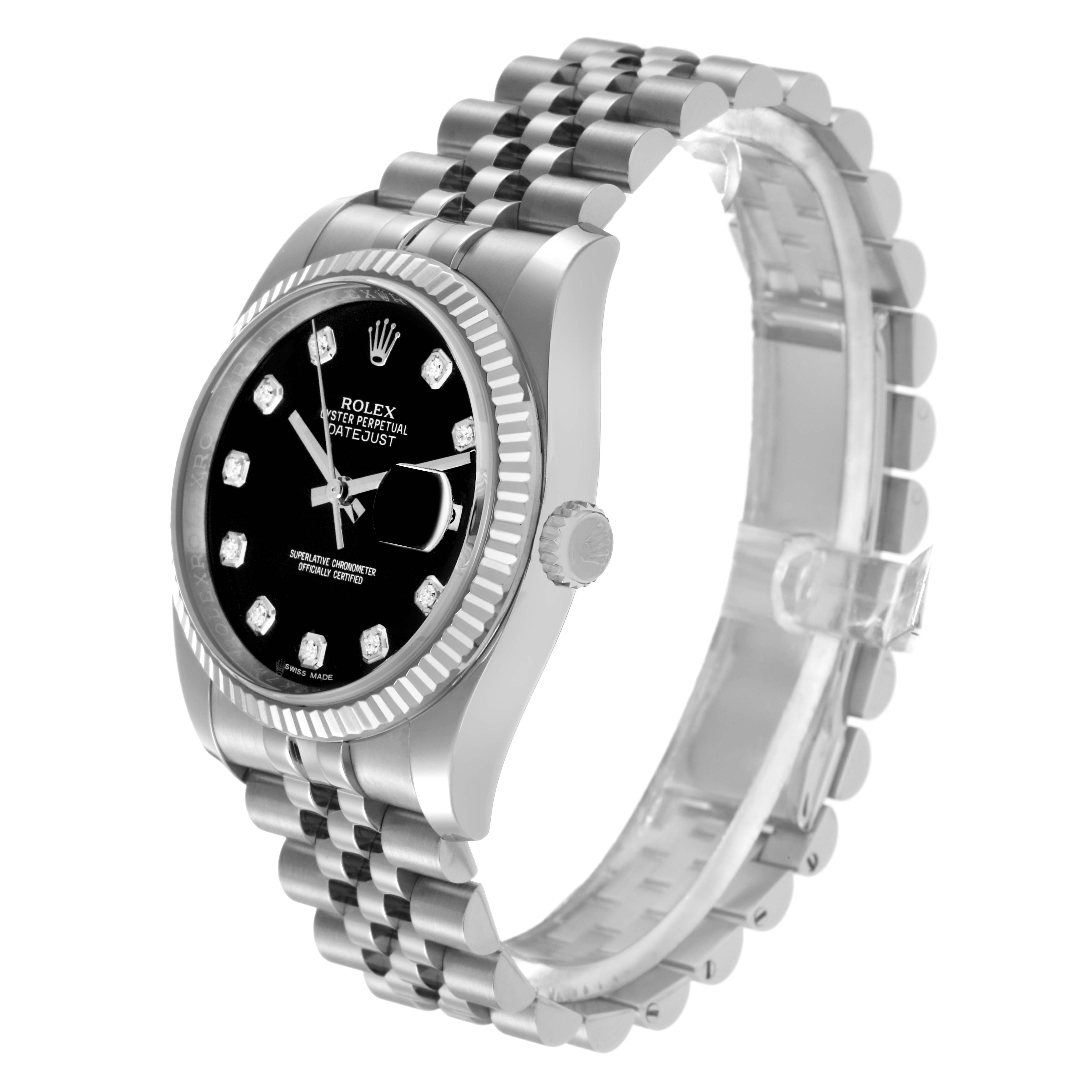The Rolex Datejust 116234 Men
s Stainless Steel Black Dial 116234 Men
s Stainless Steel Black Dial watch is shown from a front angle, displaying the face, bezel, crown, and jubilee bracelet.