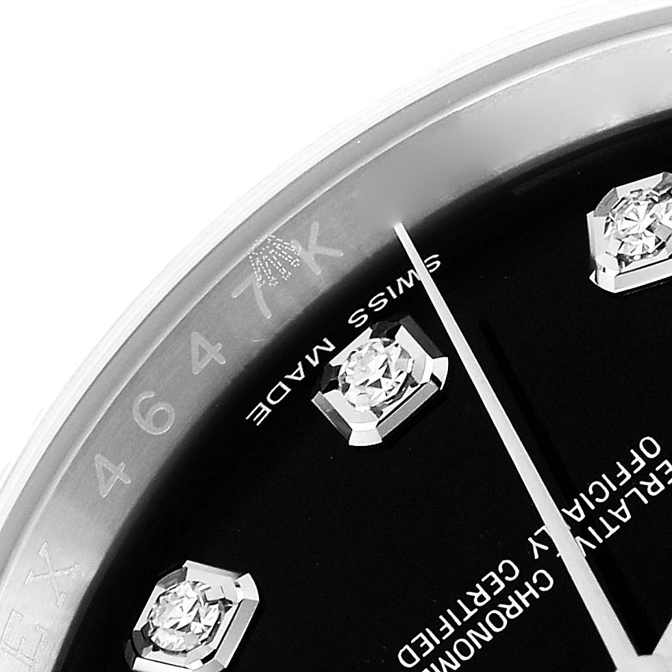 This image shows a close-up of the Rolex Datejust 116234 Men
s Stainless Steel Black Dial 116234 Men
s Stainless Steel Black Dial dial with diamond hour markers and the "Swiss Made" text.