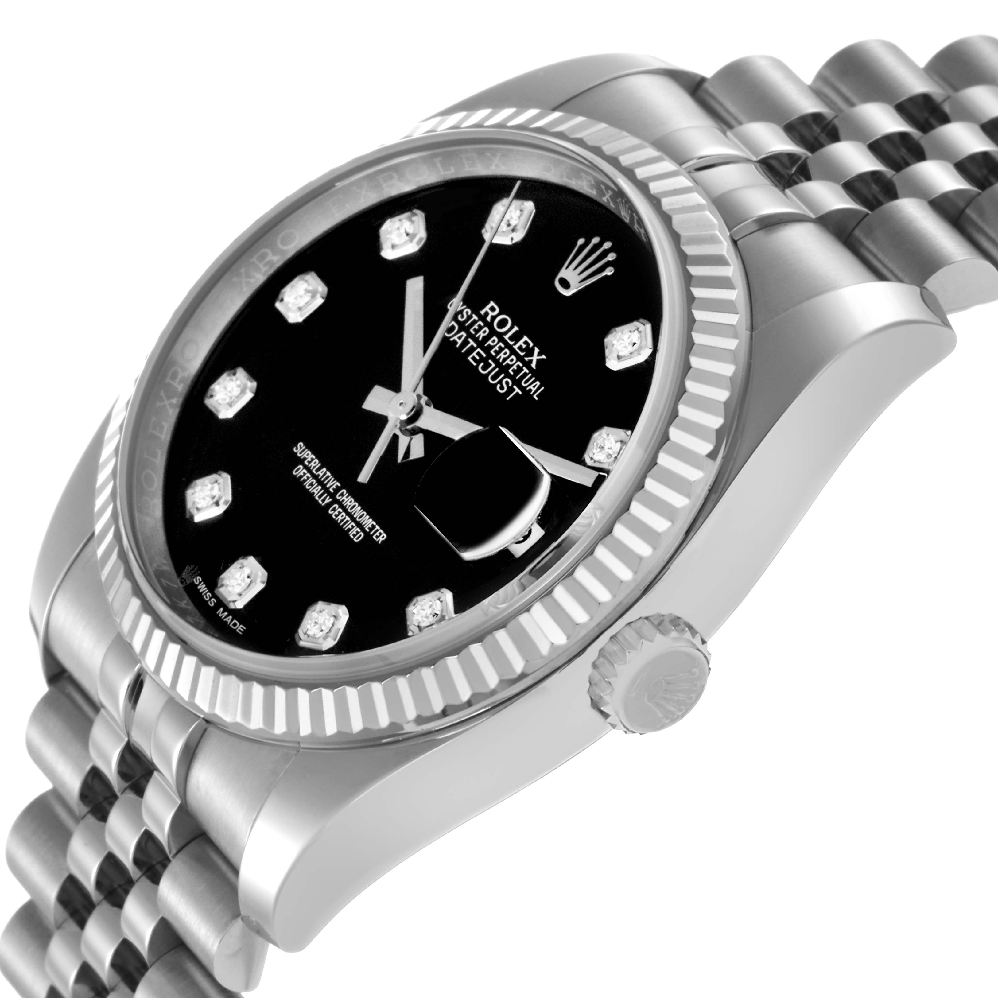 The Rolex Datejust 116234 Men
s Stainless Steel Black Dial 116234 Men
s Stainless Steel Black Dial watch is shown at an angled side view, highlighting the dial, fluted bezel, crown, and bracelet.