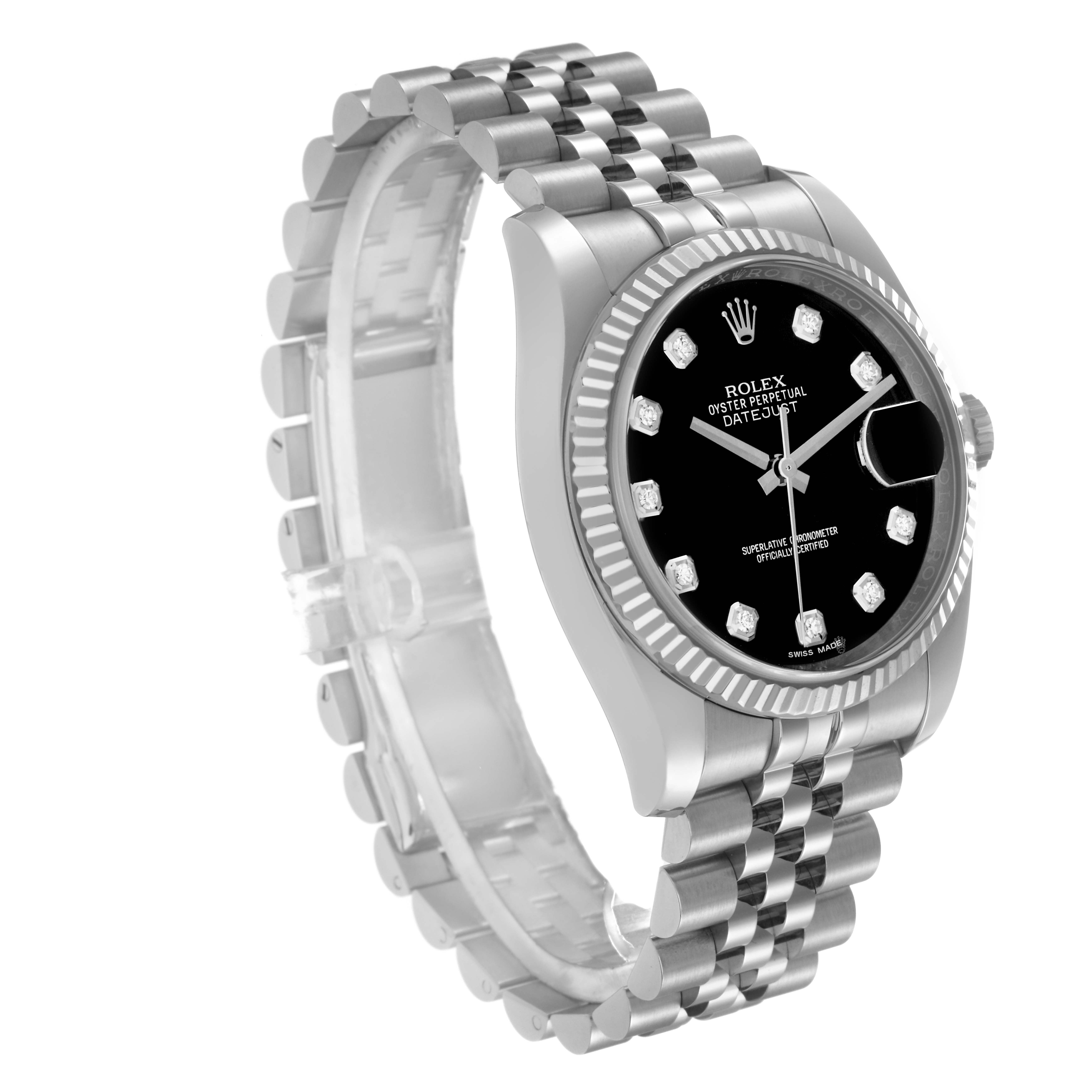 The Rolex Datejust 116234 Men
s Stainless Steel Black Dial 116234 Men
s Stainless Steel Black Dial watch is shown at a three-quarter angle, highlighting the face, bezel, and bracelet.