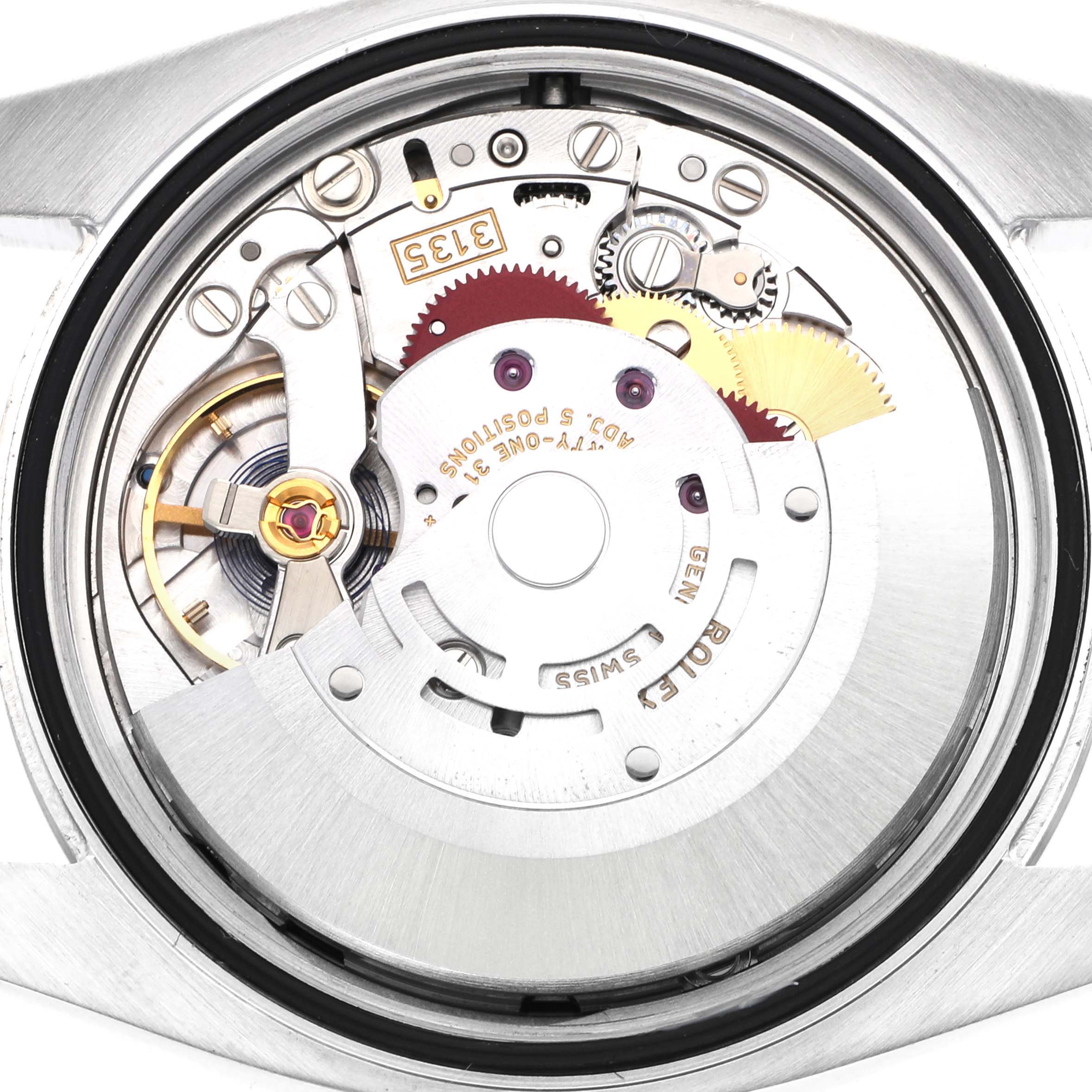 The image shows the Rolex Datejust 116234 Men
s Stainless Steel Black Dial 116234 Men
s Stainless Steel Black Dial watch movement from the back, highlighting gears and components of the mechanism.