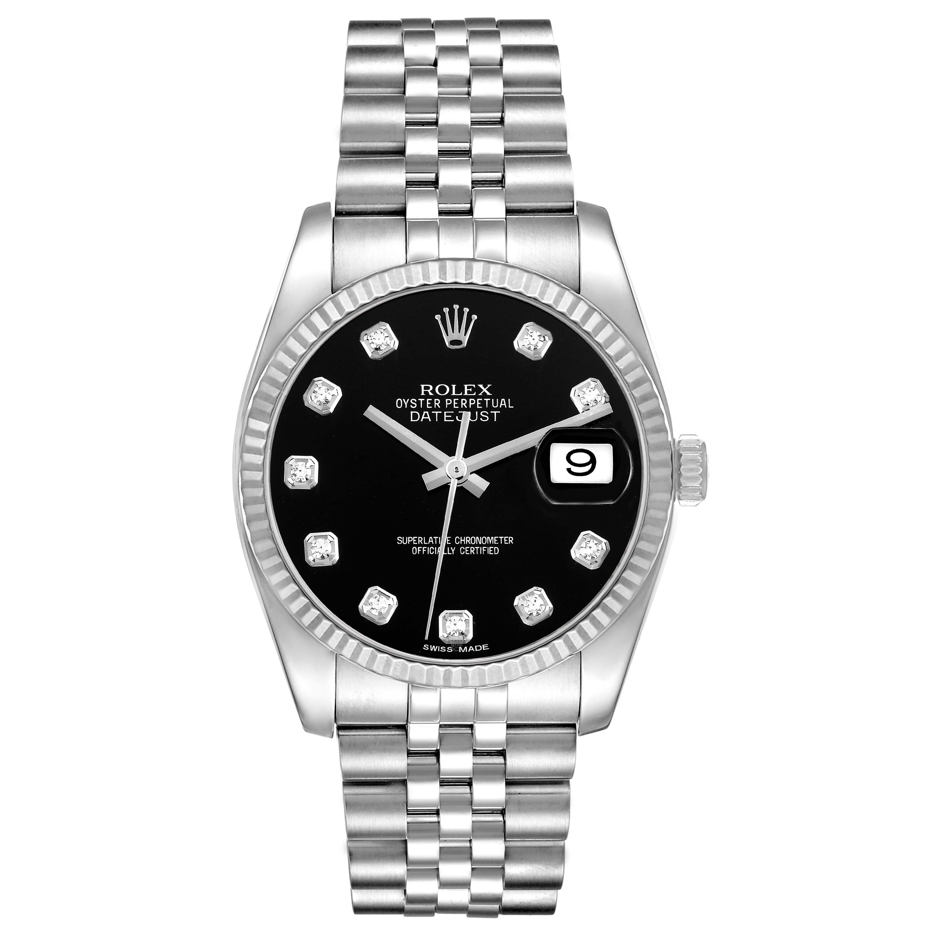 The Rolex Datejust 116234 Men
s Stainless Steel Black Dial 116234 Men
s Stainless Steel Black Dial watch is shown from a front angle, highlighting its black dial, fluted bezel, diamond markers, and Jubilee bracelet.