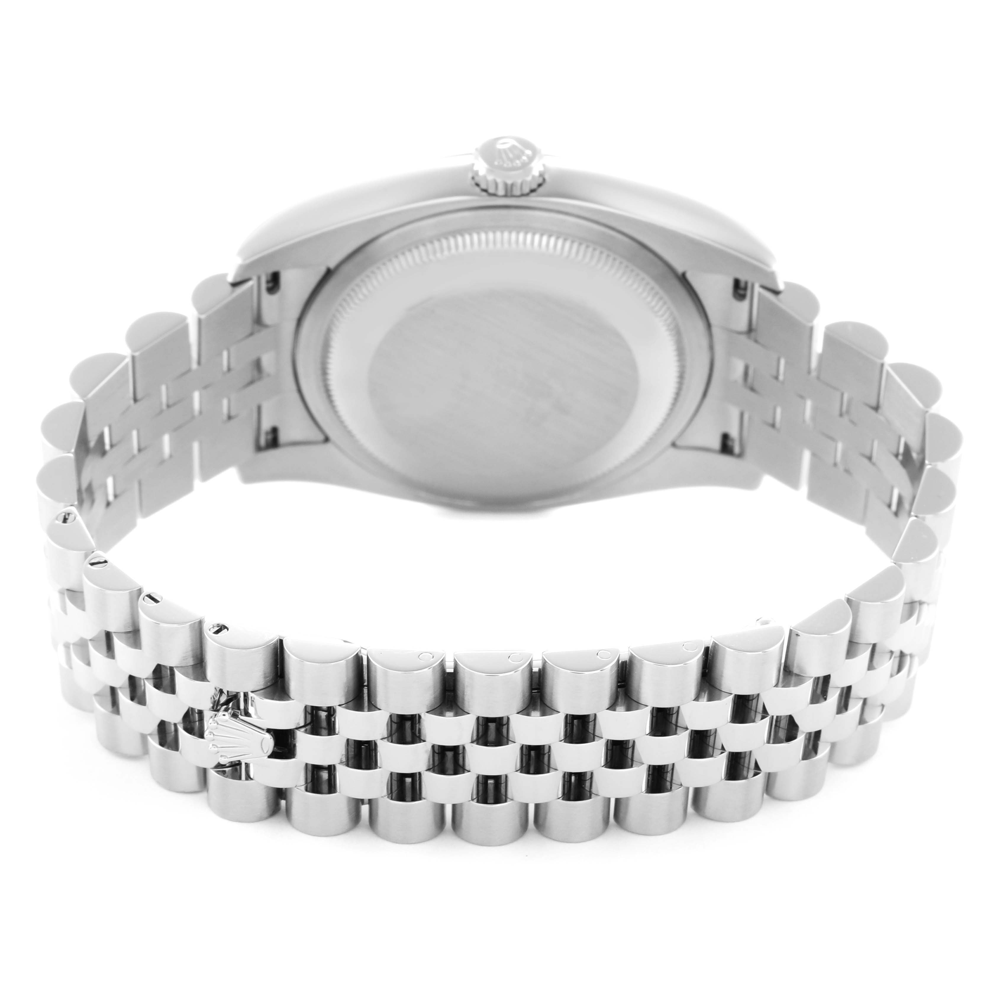 The image shows the back view of a Rolex Datejust 116234 Men
s Stainless Steel Black Dial 116234 Men
s Stainless Steel Black Dial, displaying the case back, crown, and Jubilee bracelet with a visible clasp.