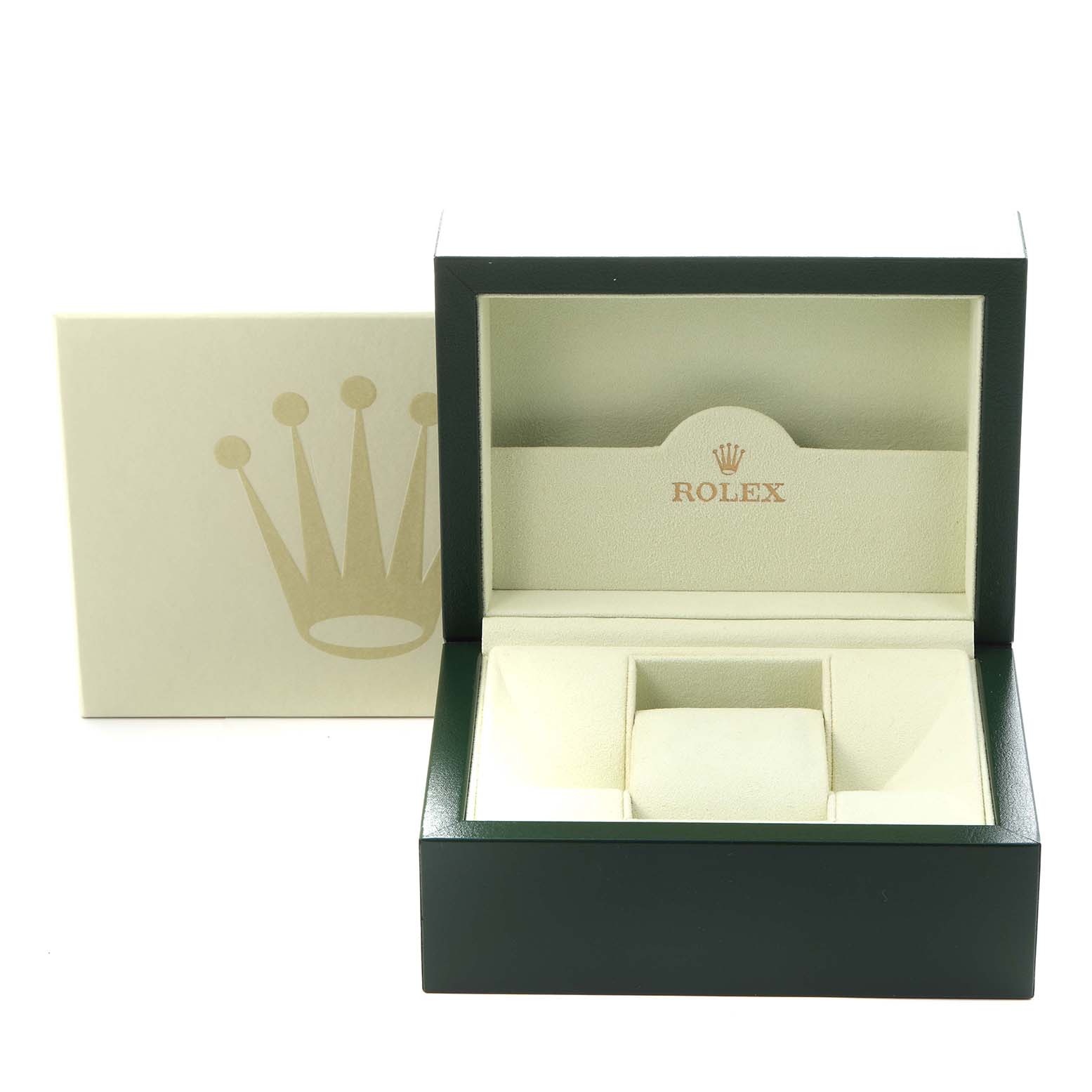 The image shows an open Rolex Datejust 116234 Men
s Stainless Steel Black Dial 116234 Men
s Stainless Steel Black Dial watch box at a front angle, displaying the interior with a cushion and Rolex branding.