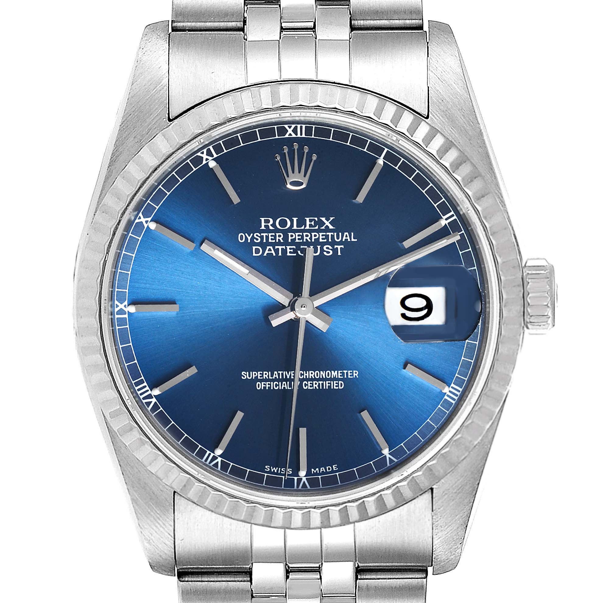 This image shows a front view of the Rolex Datejust 16234 Men's Steel and Gold (two tone) Blue Dial 16234 Men's Steel and Gold (two tone) Blue Dial watch, highlighting its blue dial, date display, and stainless steel bracelet.