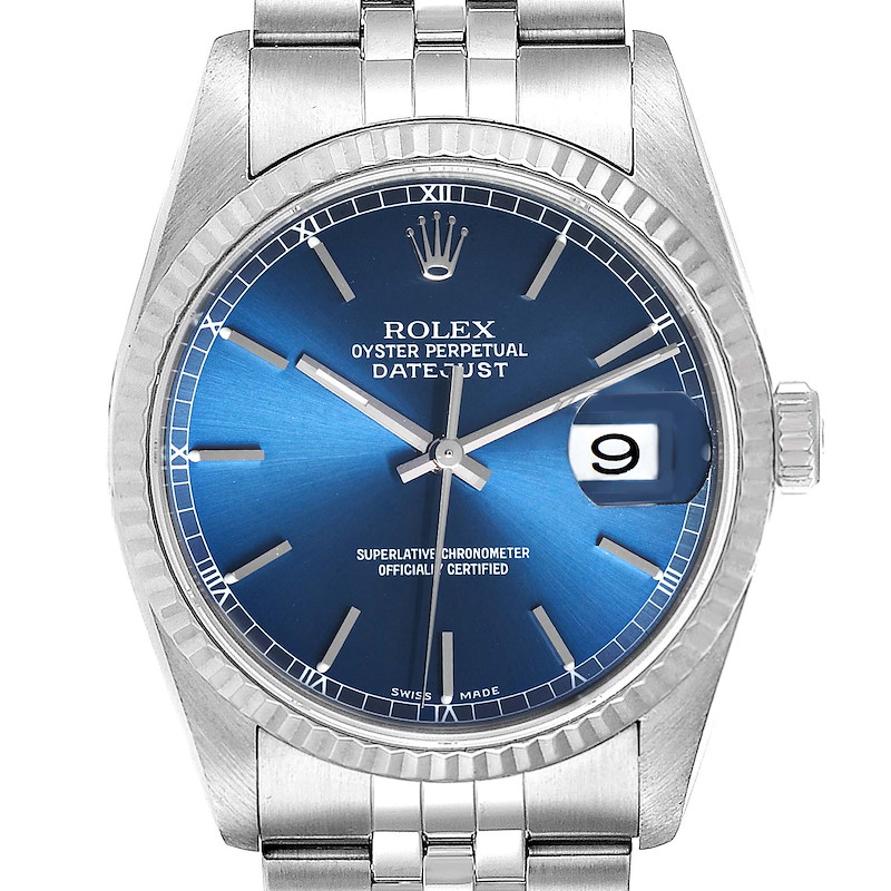 Rolex Datejust Steel White Gold Blue Dial Fluted Bezel Mens Watch 16234 SwissWatchExpo