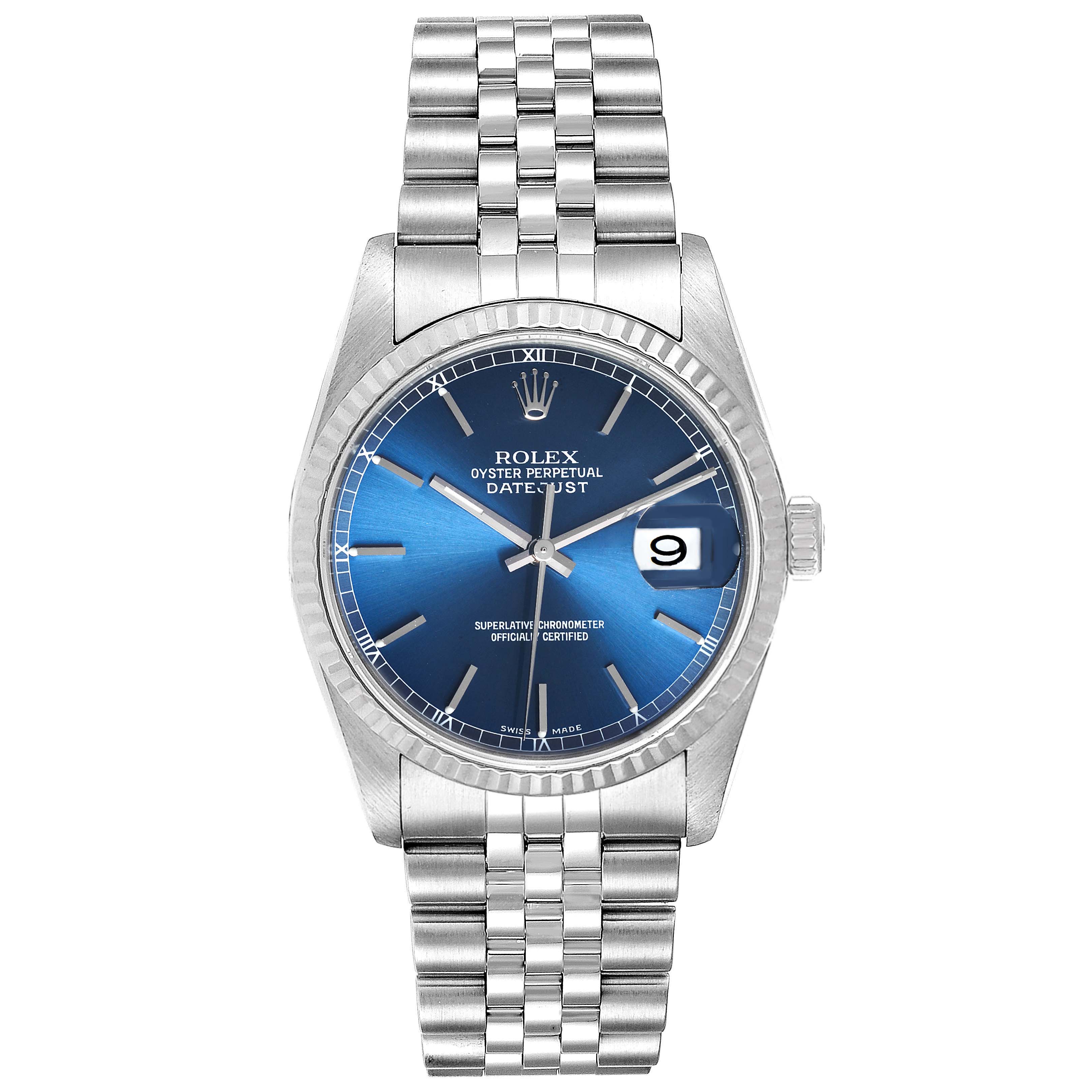 The Rolex Datejust 16234 Men's Steel and Gold (two tone) Blue Dial 16234 Men's Steel and Gold (two tone) Blue Dial watch is shown from a front view, displaying its blue dial and metal bracelet.