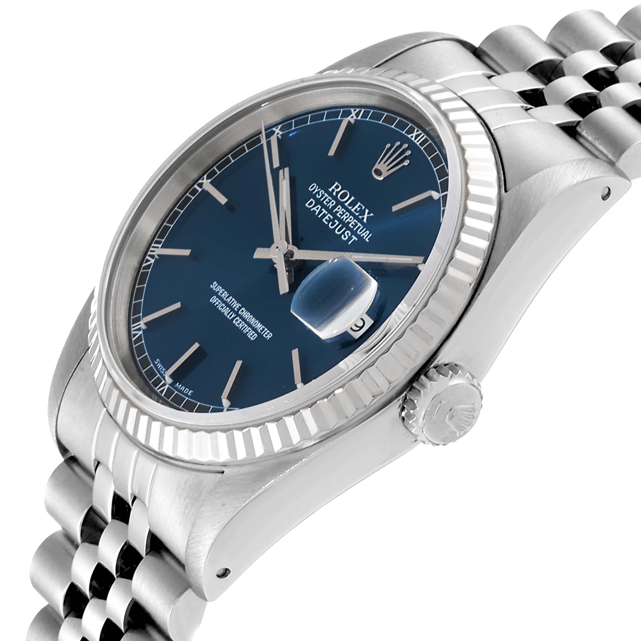 The image shows a close-up, angled view of a Rolex Datejust 16234 Men's Steel and Gold (two tone) Blue Dial 16234 Men's Steel and Gold (two tone) Blue Dial watch, highlighting the dial, bezel, crown, and part of the bracelet.