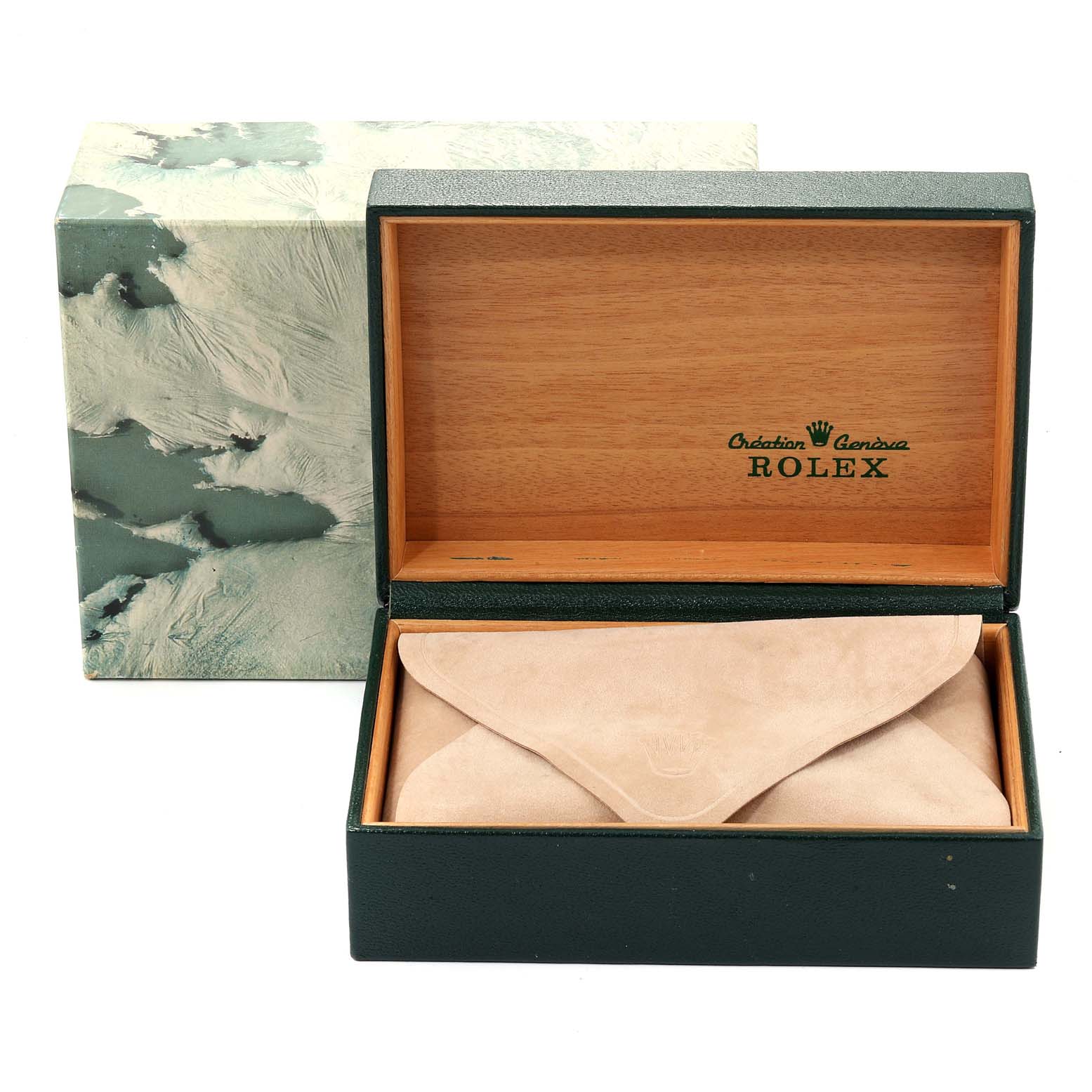 This image shows the open box and protective pouch for a Rolex Datejust 16234 Men's Steel and Gold (two tone) Blue Dial 16234 Men's Steel and Gold (two tone) Blue Dial watch, viewed from the front.