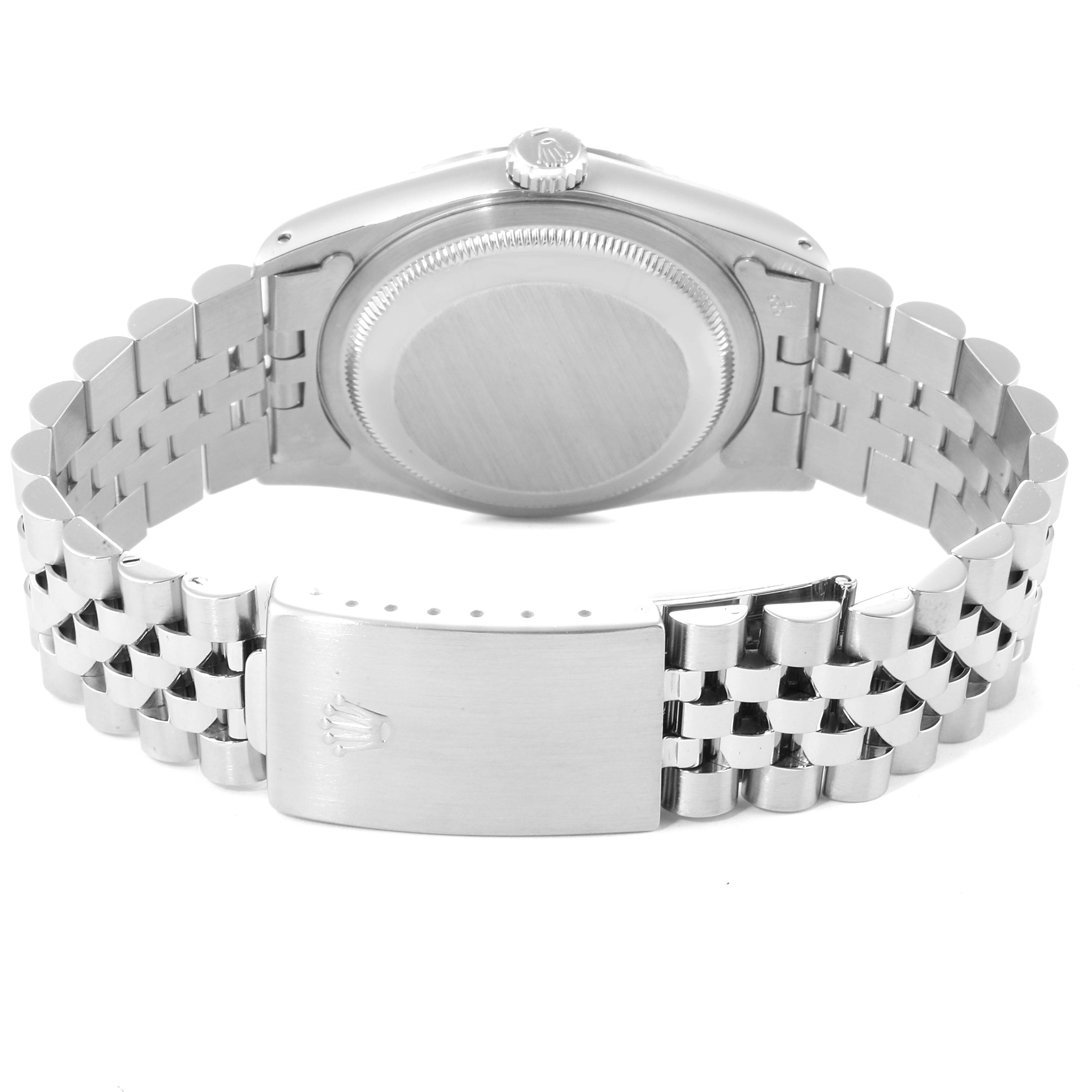 The image shows the back of a Rolex Datejust 16234 Men's Steel and Gold (two tone) Blue Dial 16234 Men's Steel and Gold (two tone) Blue Dial watch, highlighting the case back, crown, and bracelet with a clasp.