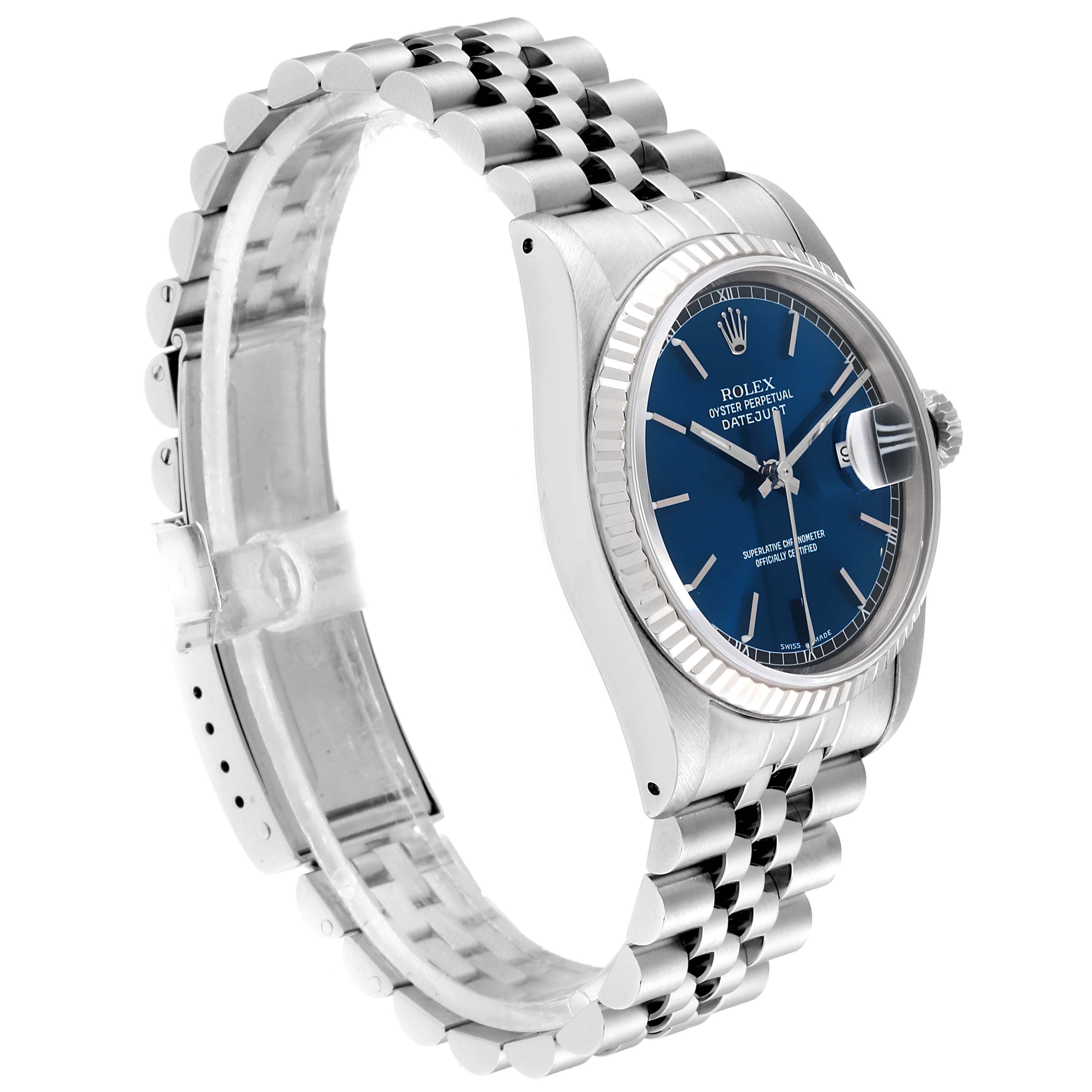 The Rolex Datejust 16234 Men's Steel and Gold (two tone) Blue Dial 16234 Men's Steel and Gold (two tone) Blue Dial watch is shown at a side angle highlighting the face, bezel, and bracelet.
