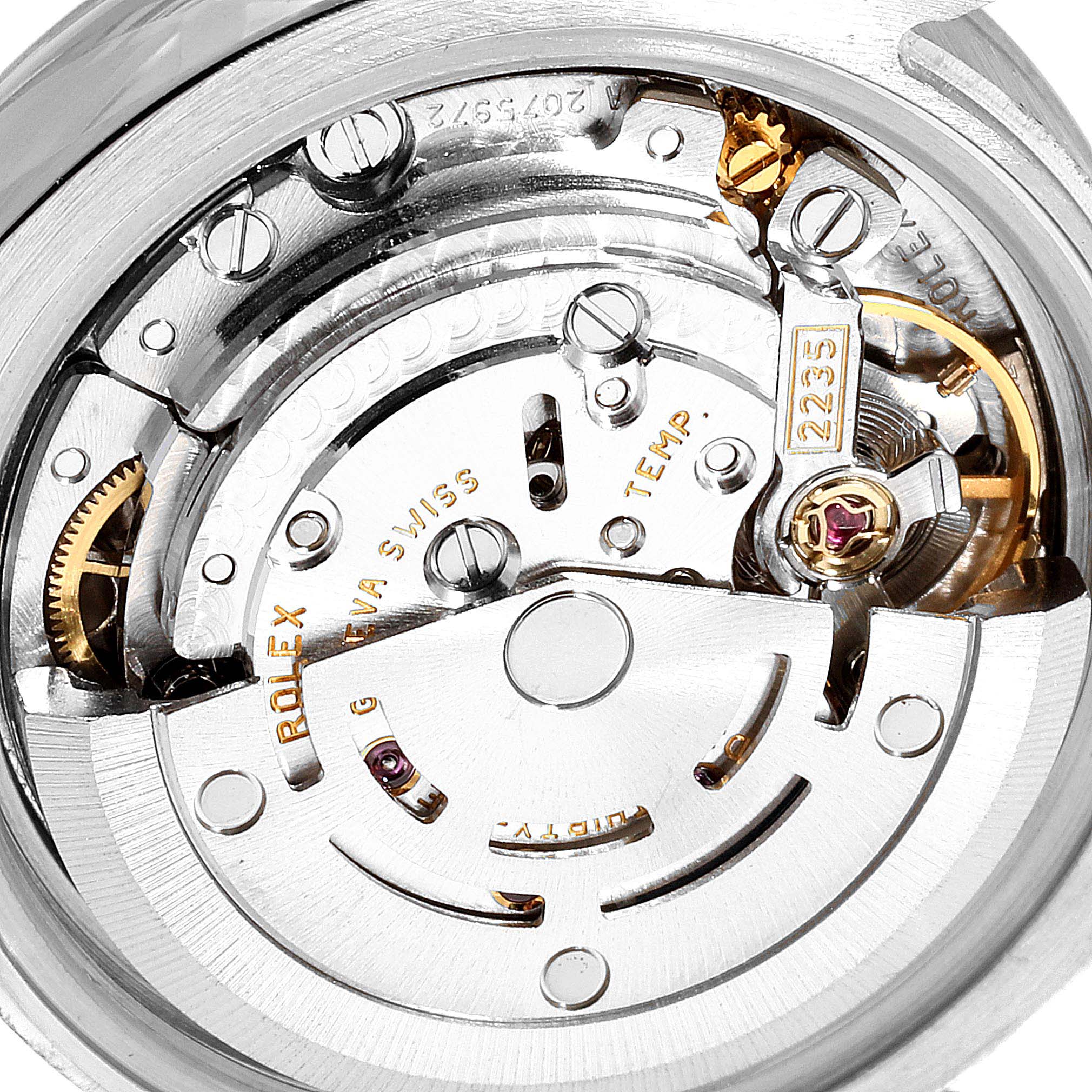 The image shows a close-up view of the internal movement parts of a Rolex Datejust 179174 Women's Stainless Steel Mother of Pearl Dial 179174 Women's Stainless Steel Mother of Pearl Dial watch.