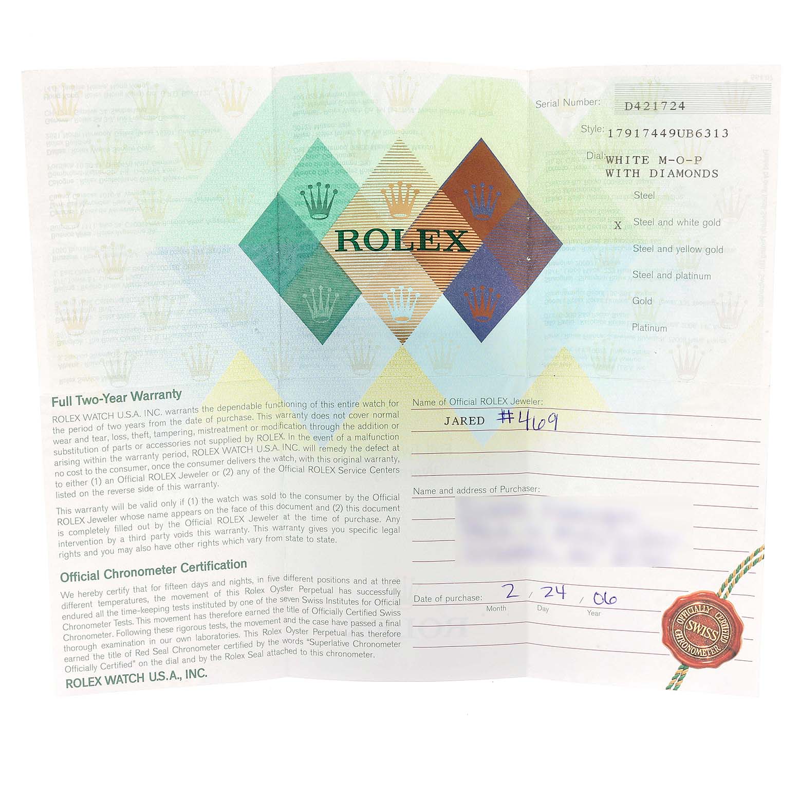 The image shows the warranty card and certification paperwork for a Rolex Datejust 179174 Women's Stainless Steel Mother of Pearl Dial 179174 Women's Stainless Steel Mother of Pearl Dial watch, model 179174, with specific details filled in.