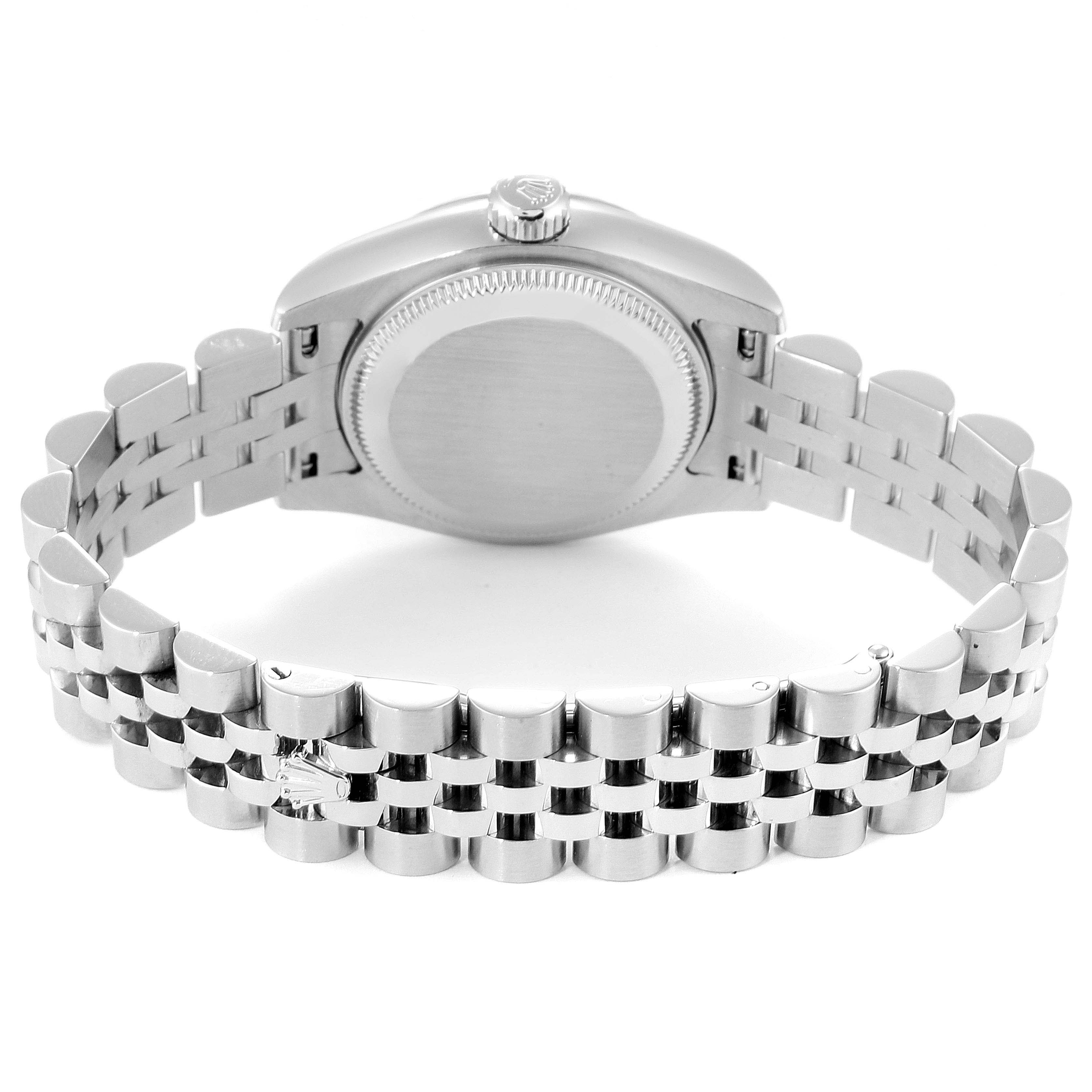 The image shows the back case and bracelet of a Rolex Datejust 179174 Women's Stainless Steel Mother of Pearl Dial 179174 Women's Stainless Steel Mother of Pearl Dial model from a rear angle.