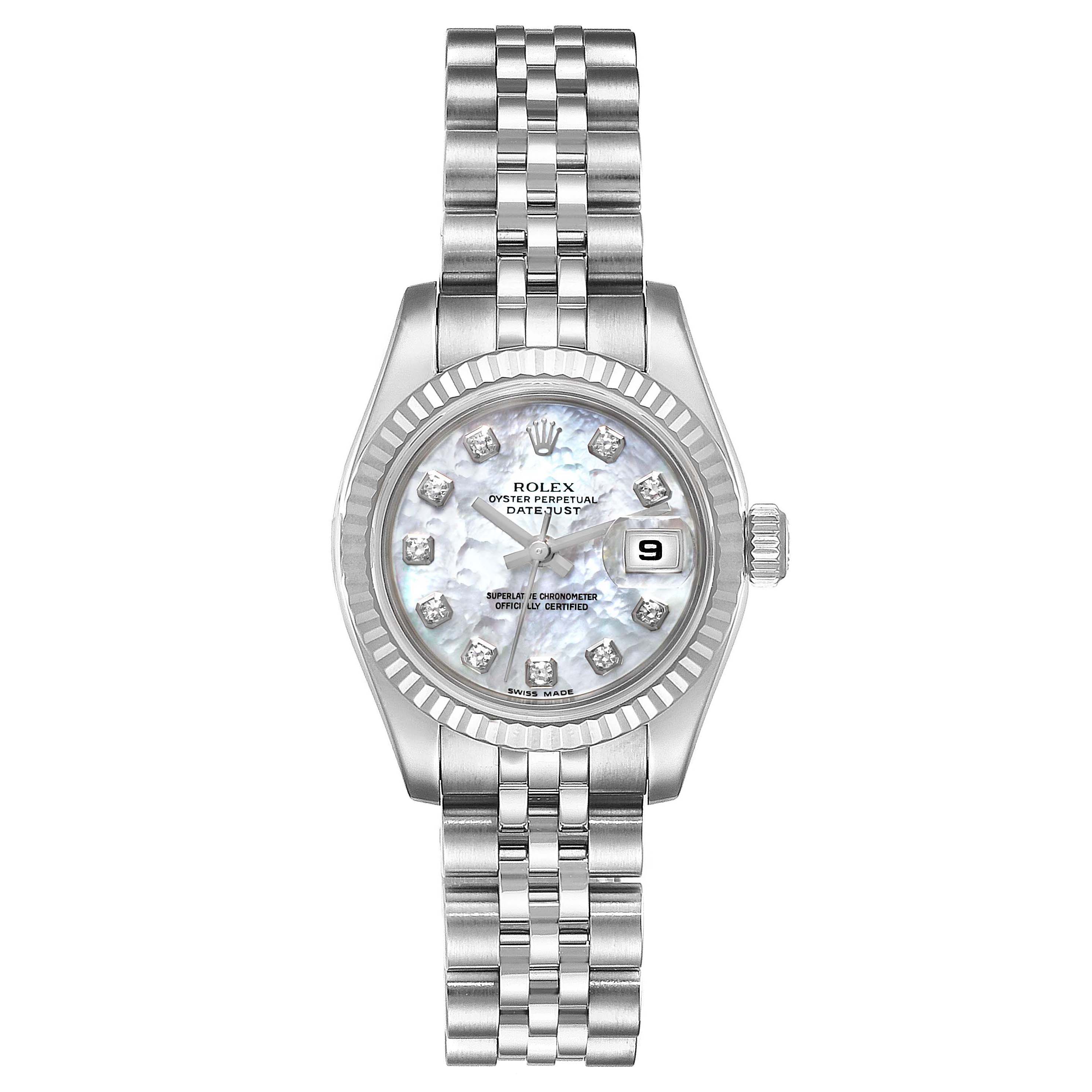 The image shows a Rolex Datejust 179174 Women's Stainless Steel Mother of Pearl Dial 179174 Women's Stainless Steel Mother of Pearl Dial watch from a front angle, highlighting the dial, bezel, case, bracelet, and date window.