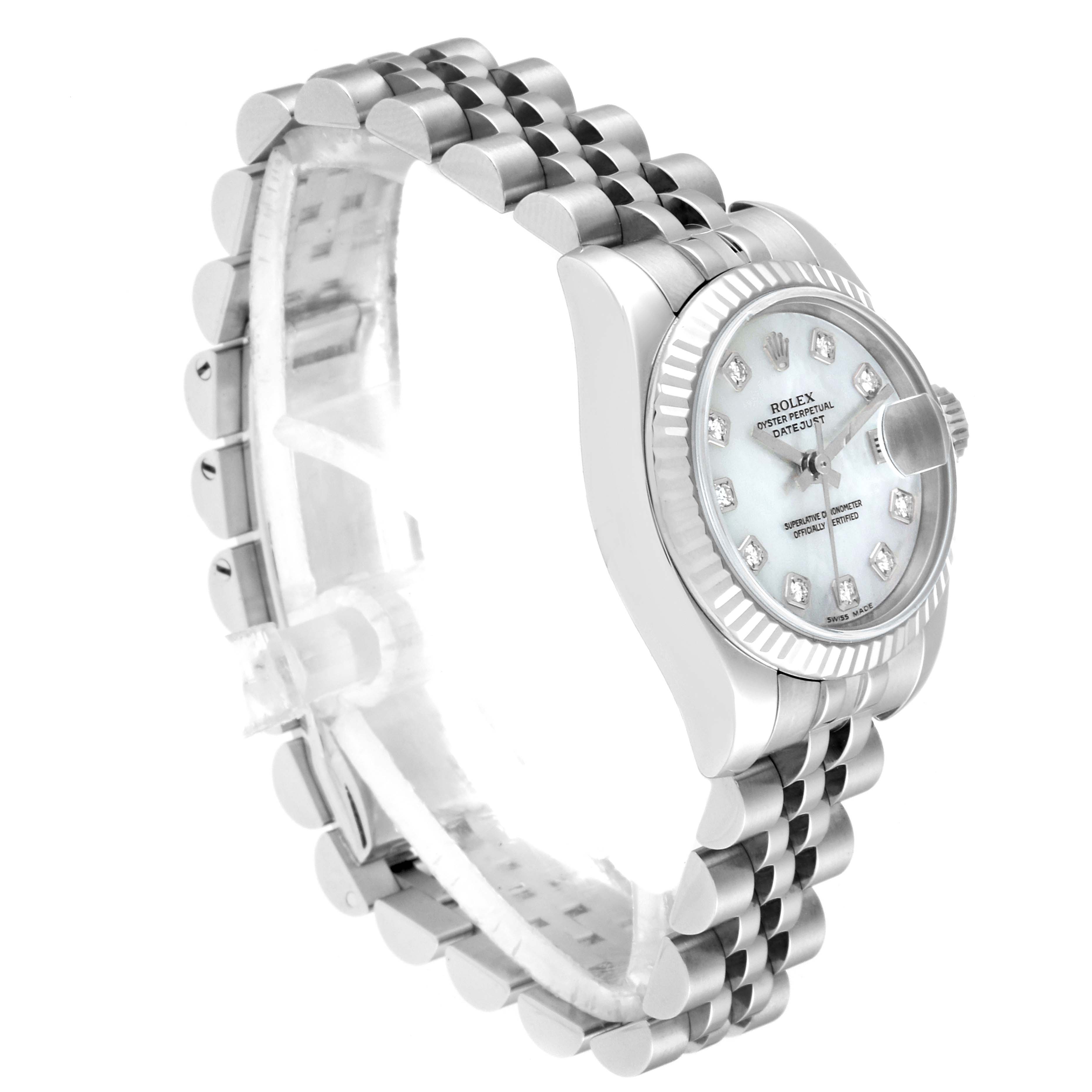 The image shows a side and partial top view of a Rolex Datejust 179174 Women's Stainless Steel Mother of Pearl Dial 179174 Women's Stainless Steel Mother of Pearl Dial watch, highlighting its bracelet, case, and face.