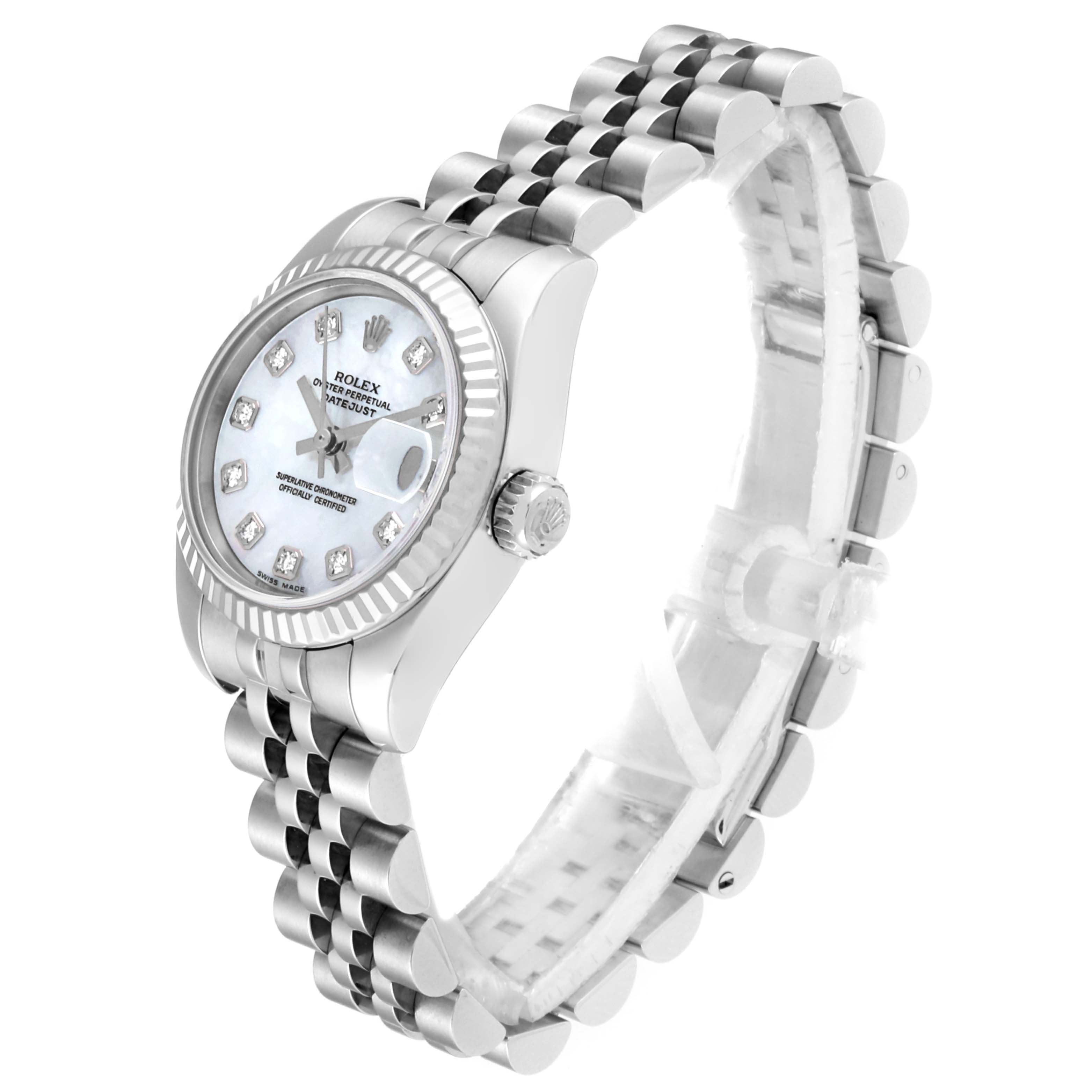This image shows a side angle of a Rolex Datejust 179174 Women's Stainless Steel Mother of Pearl Dial 179174 Women's Stainless Steel Mother of Pearl Dial watch, highlighting its dial, bezel, crown, and bracelet.