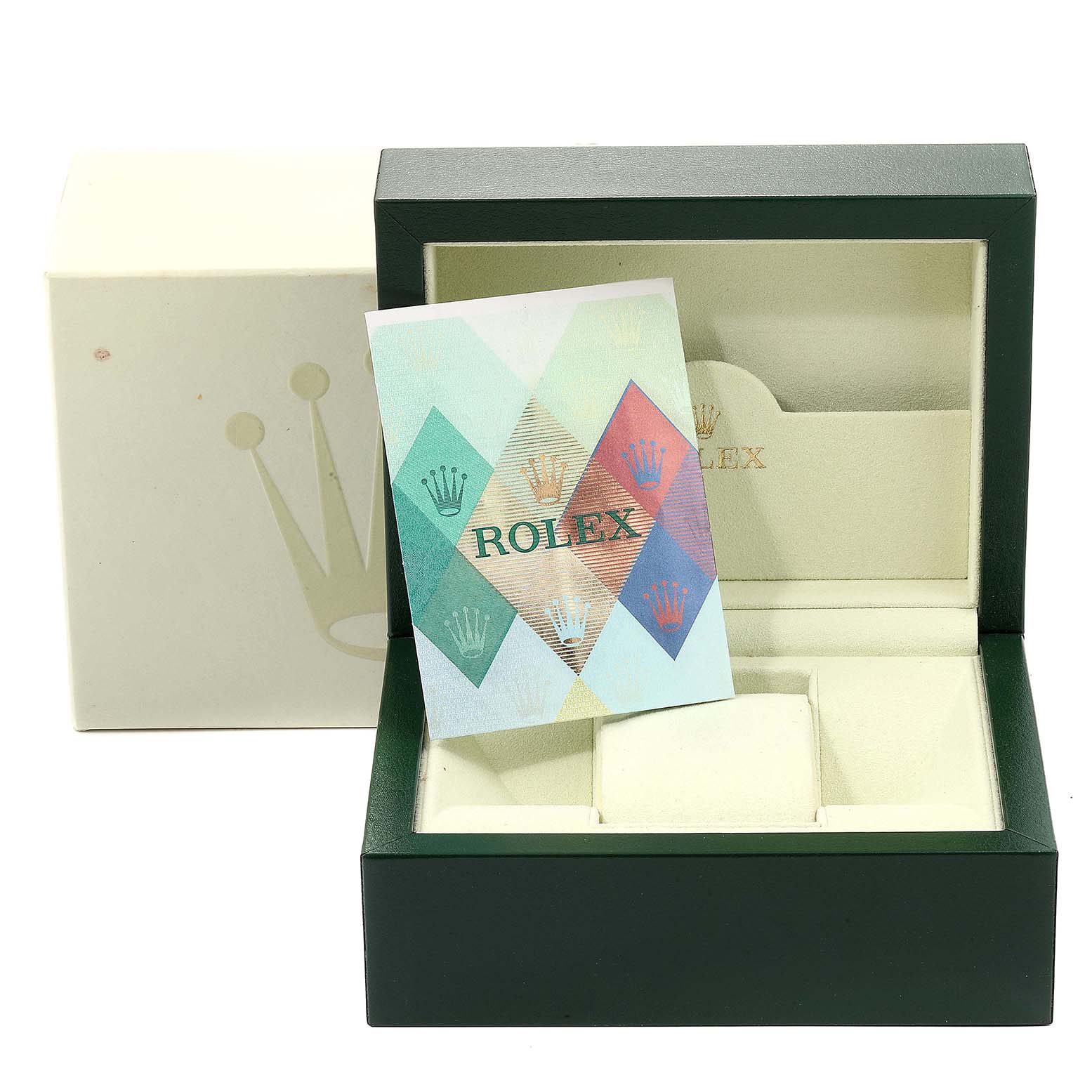 This image shows the inner packaging and an information card for a Rolex Datejust 179174 Women's Stainless Steel Mother of Pearl Dial 179174 Women's Stainless Steel Mother of Pearl Dial watch.