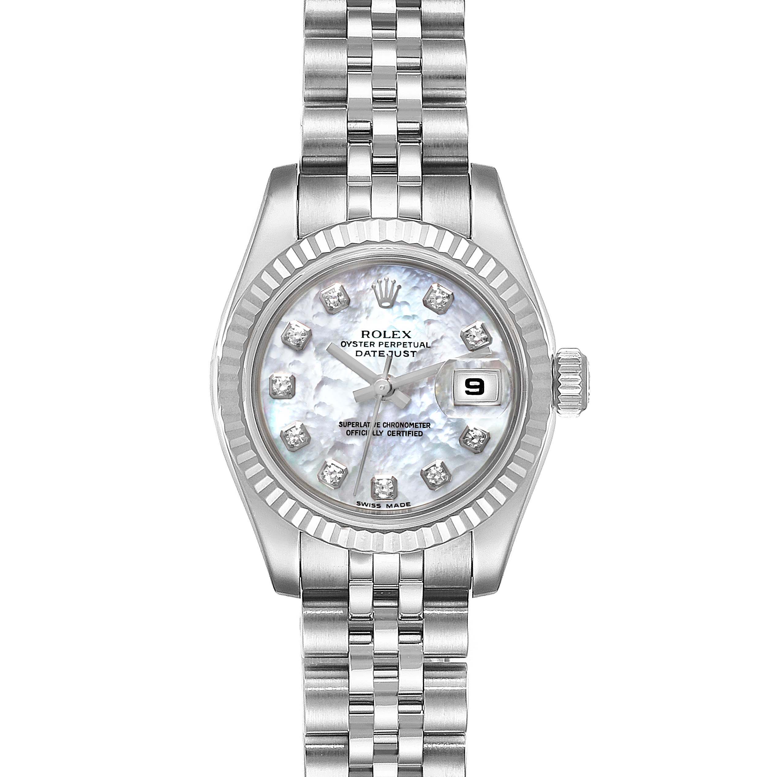 This image shows a Rolex Datejust 179174 Women's Stainless Steel Mother of Pearl Dial 179174 Women's Stainless Steel Mother of Pearl Dial watch from a front angle, highlighting its dial, bezel, and bracelet.