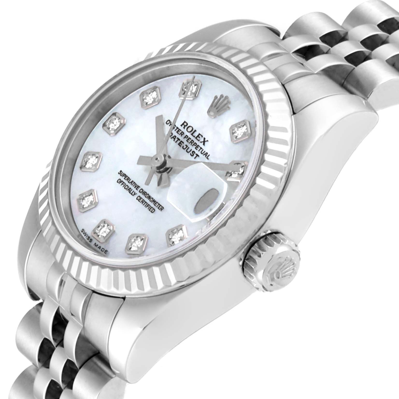 This image shows a Rolex Datejust 179174 Women's Stainless Steel Mother of Pearl Dial 179174 Women's Stainless Steel Mother of Pearl Dial watch at an angled close-up, highlighting the face, bezel, crown, and part of the bracelet.
