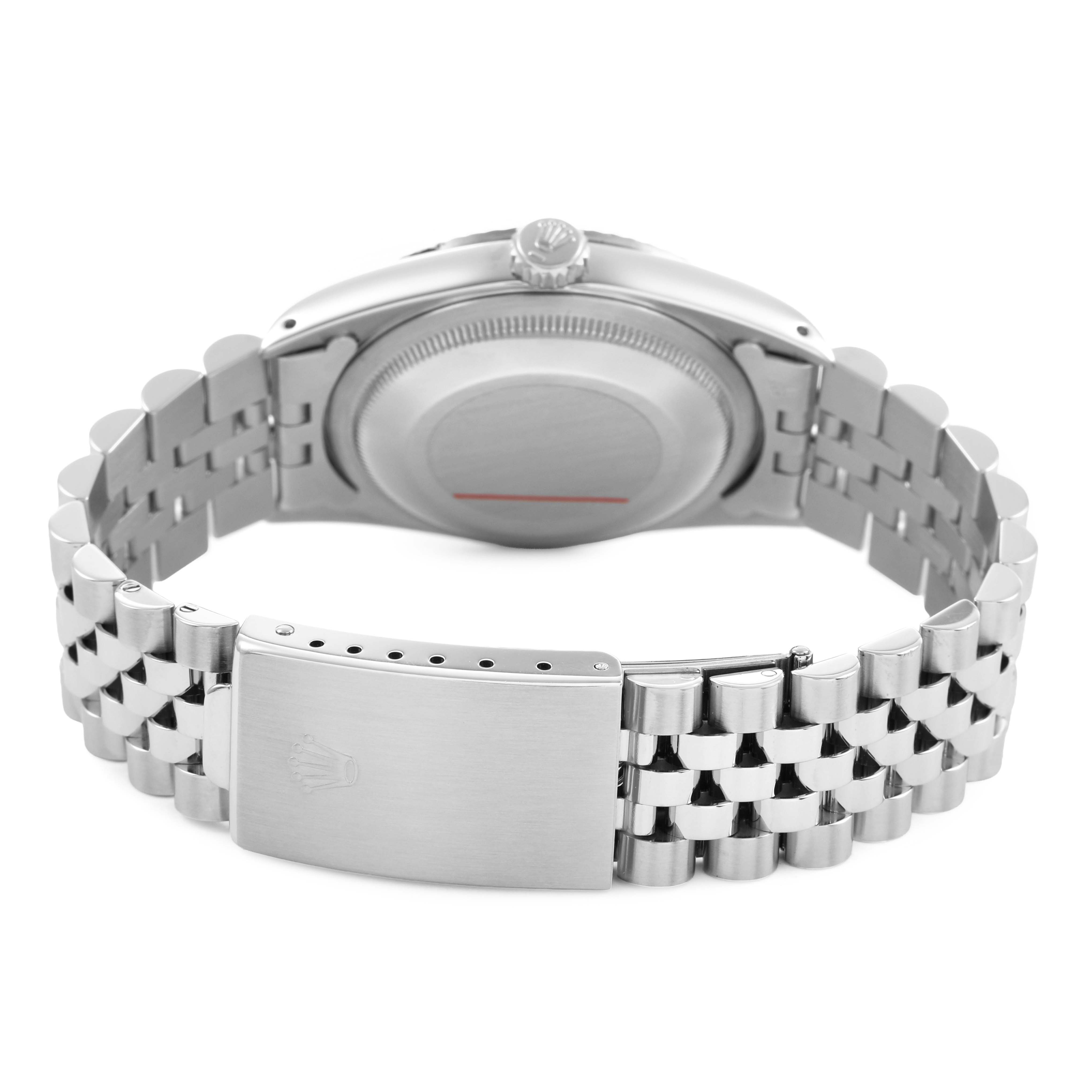 The image shows the back view of a Rolex Datejust 16234 Men's Stainless Steel Silver Dial, highlighting the case back, crown, and Jubilee bracelet clasp.