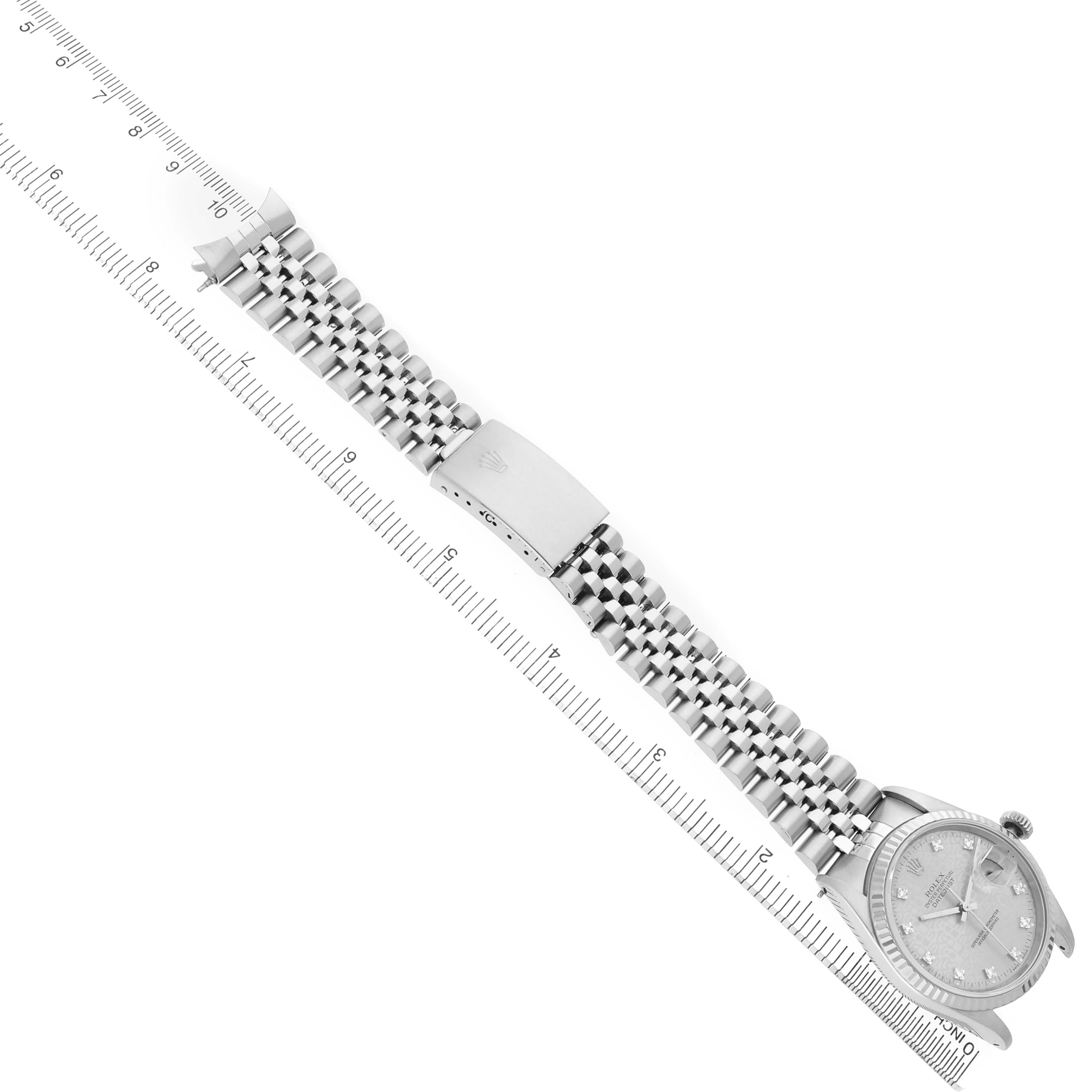 The Rolex Datejust 16234 Men's Stainless Steel Silver Dial watch is shown at a diagonal angle, featuring the bracelet, clasp, and watch face.