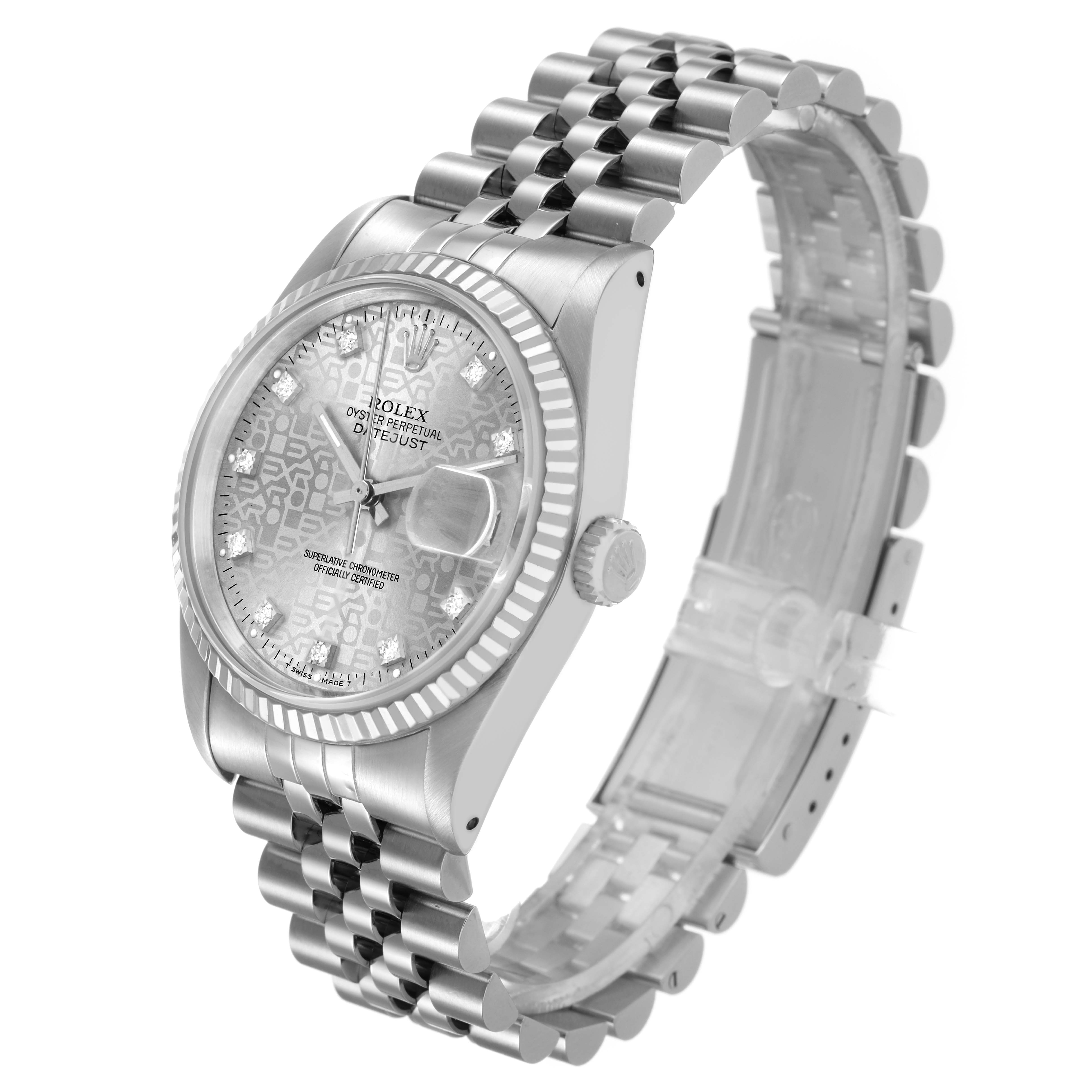 The image shows a Rolex Datejust 16234 Men's Stainless Steel Silver Dial watch from a tilted angle, highlighting the dial, bezel, bracelet, and crown.