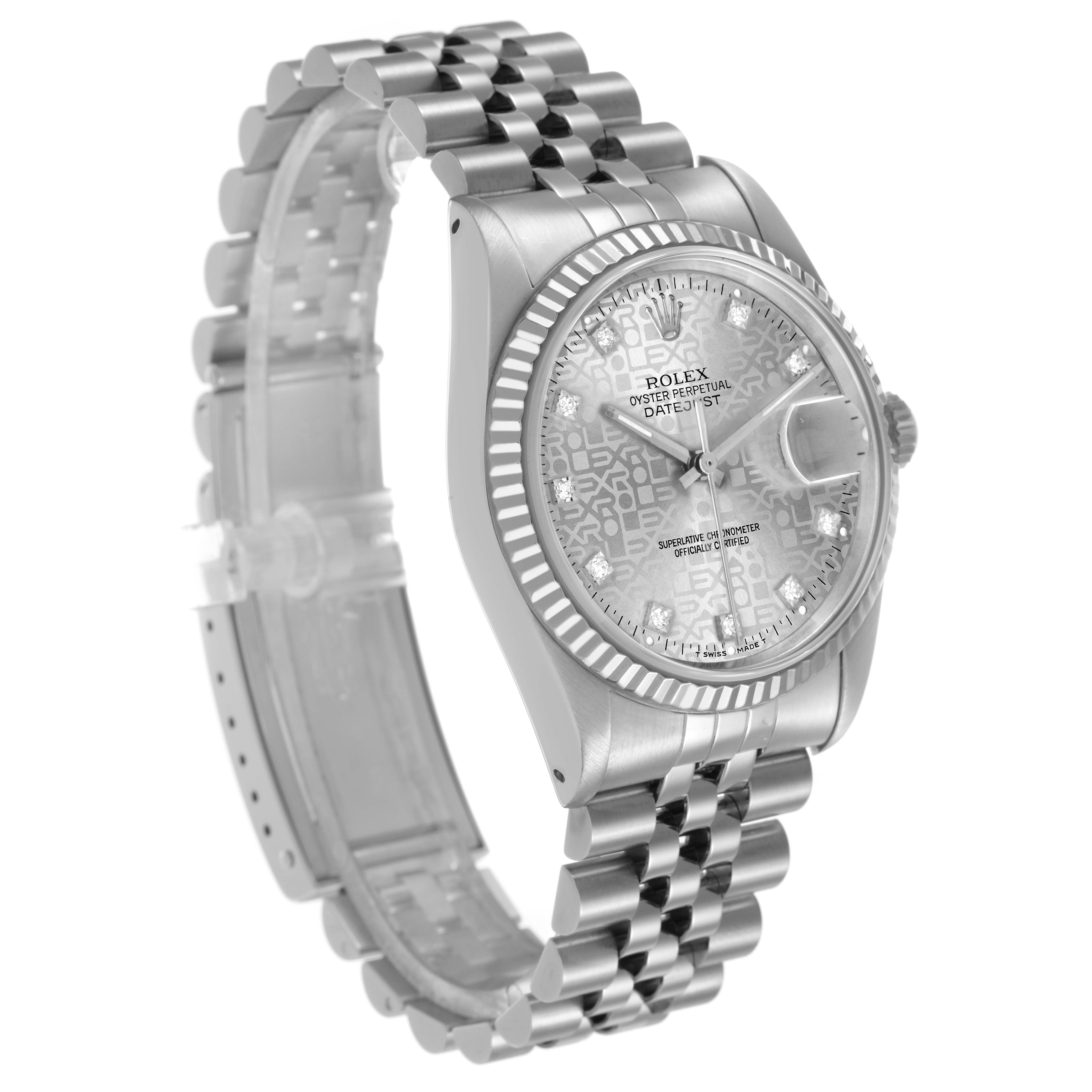 The Rolex Datejust 16234 Men's Stainless Steel Silver Dial watch is shown at a slight angle, highlighting the dial, fluted bezel, and bracelet.