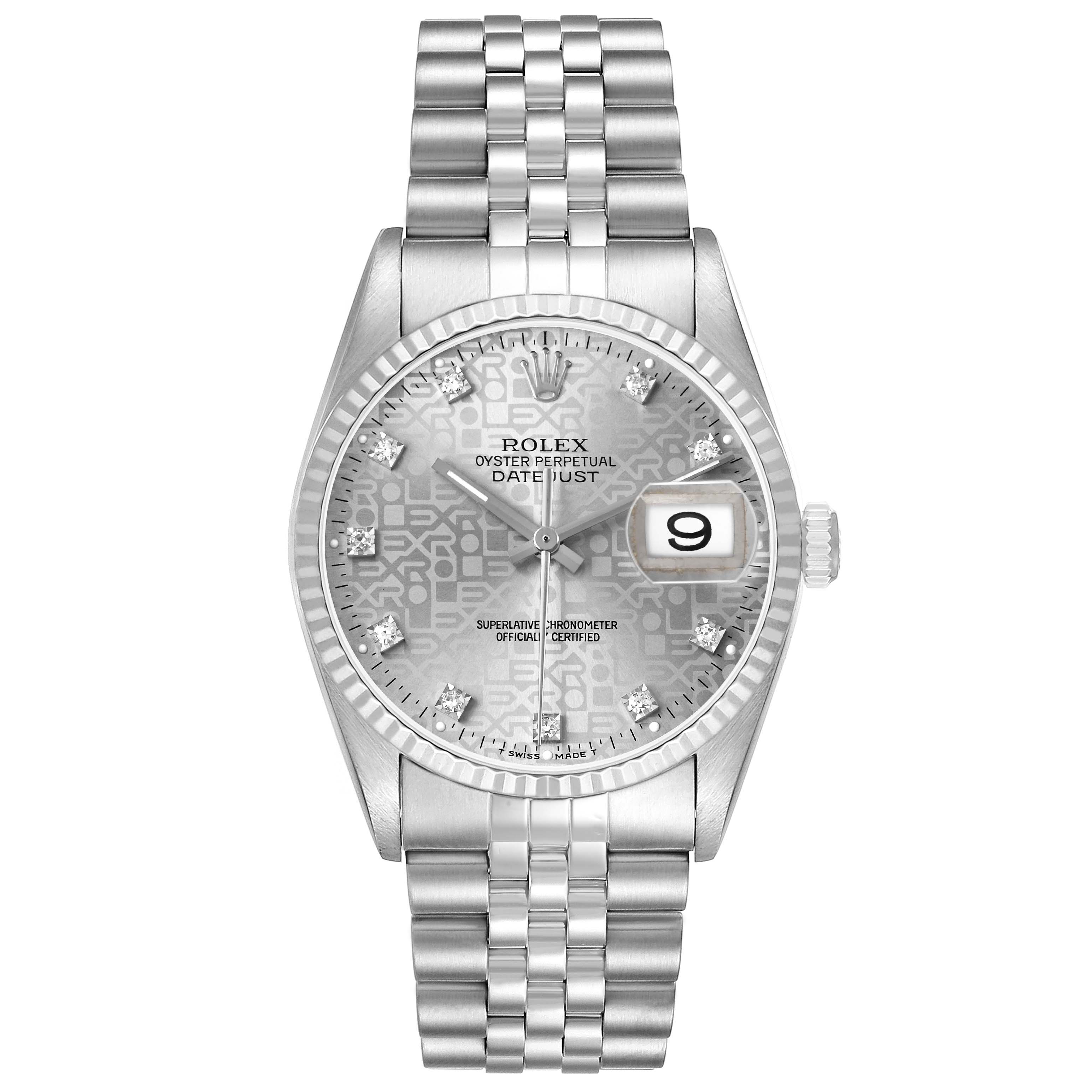 The Rolex Datejust 16234 Men's Stainless Steel Silver Dial watch is shown from a front angle, highlighting the dial, bezel, bracelet, and date magnifier.