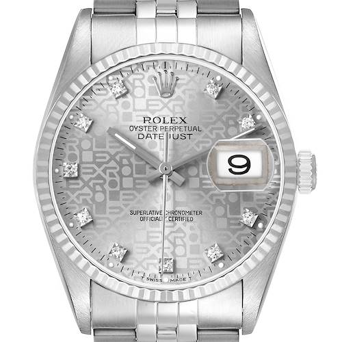 The Rolex Datejust 16234 Men's Stainless Steel Silver Dial is shown from the front, highlighting the dial, bezel, crown, and part of the bracelet.