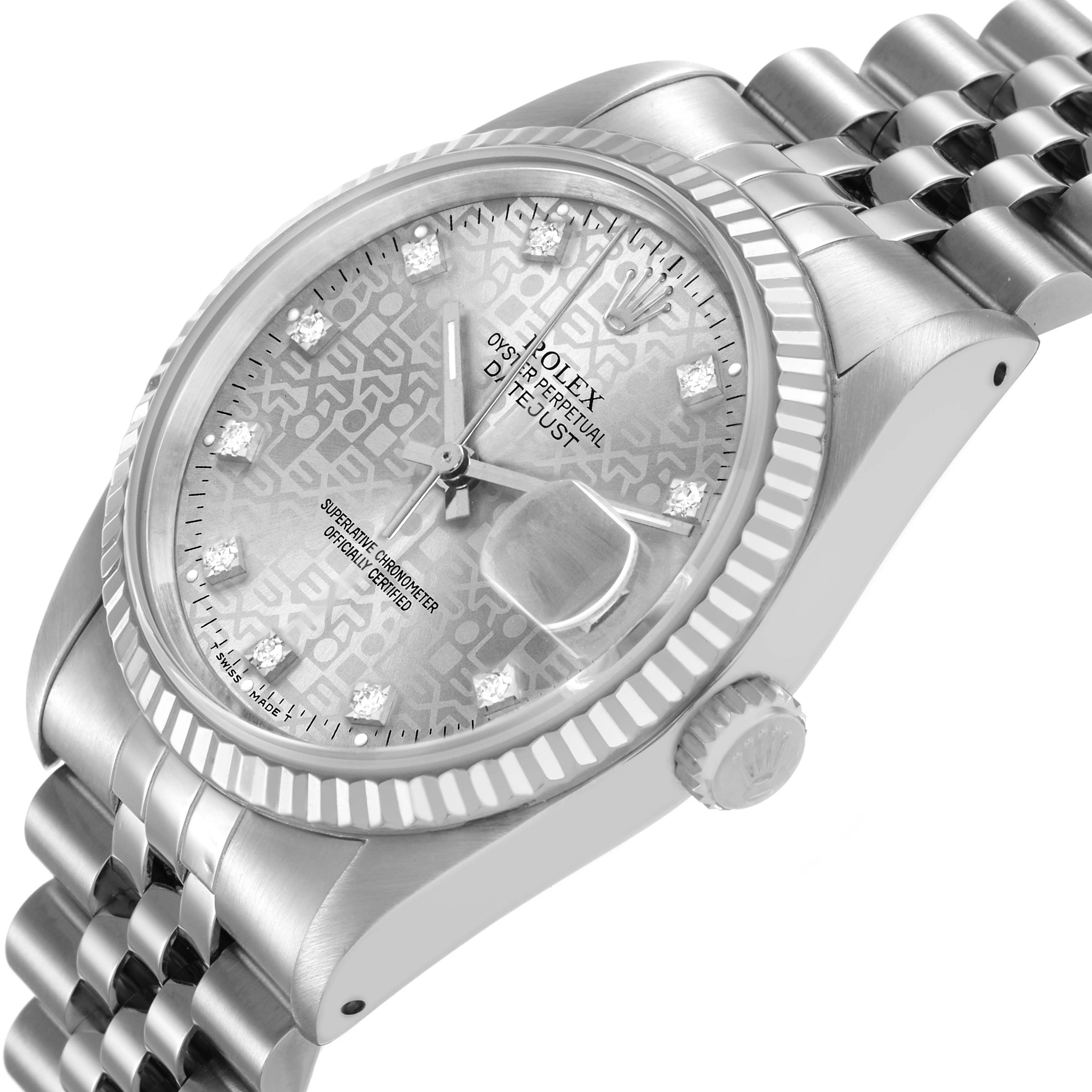 The Rolex Datejust 16234 Men's Stainless Steel Silver Dial watch is shown from an angled side view, highlighting the dial, bezel, crown, and bracelet.