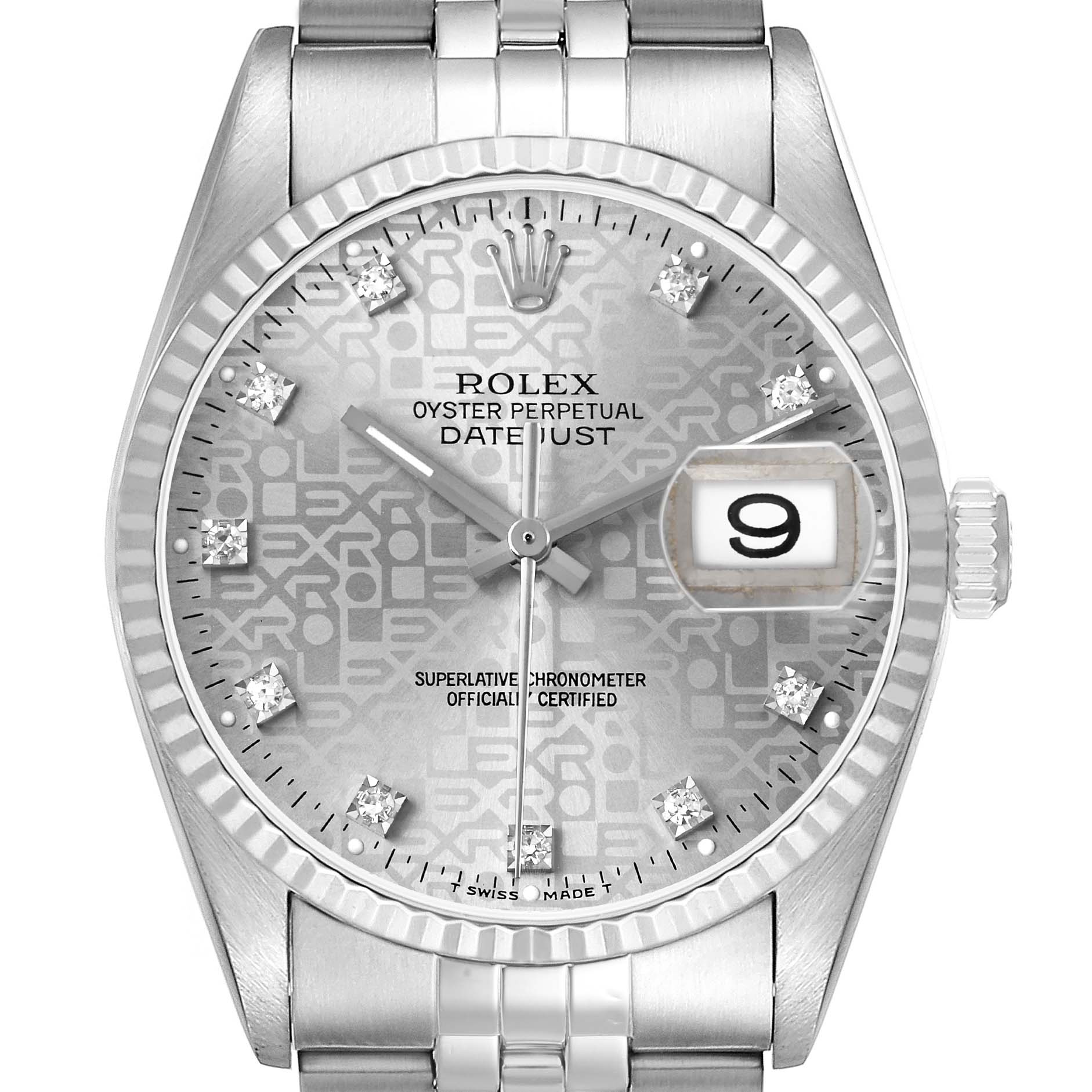 The Rolex Datejust 16234 Men's Stainless Steel Silver Dial watch is shown from the front, highlighting the dial, bezel, indices, hands, date window, and part of the bracelet.